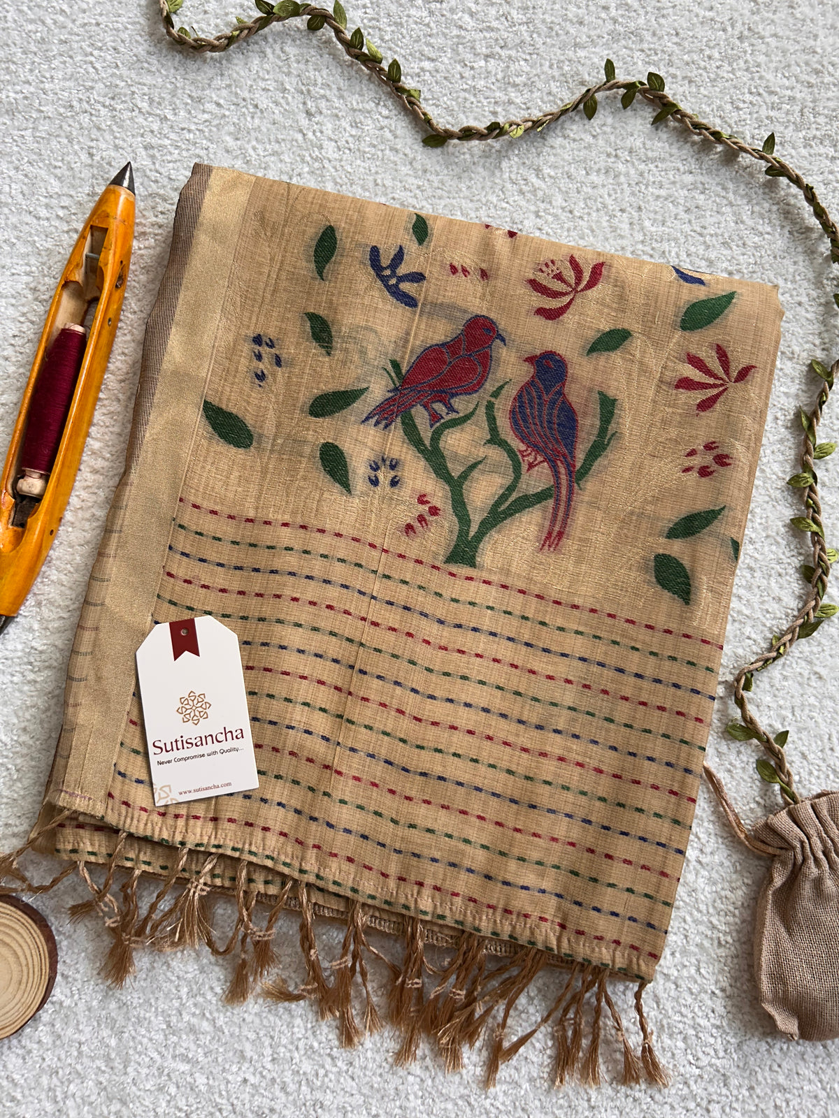 Vanmira Botanical Bird Thread Work Cotton Saree