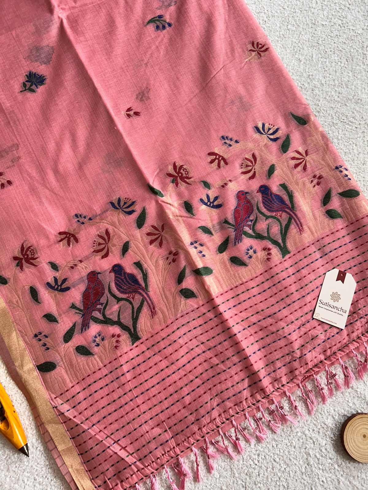 Vanmira Botanical Bird Thread Work Cotton Saree