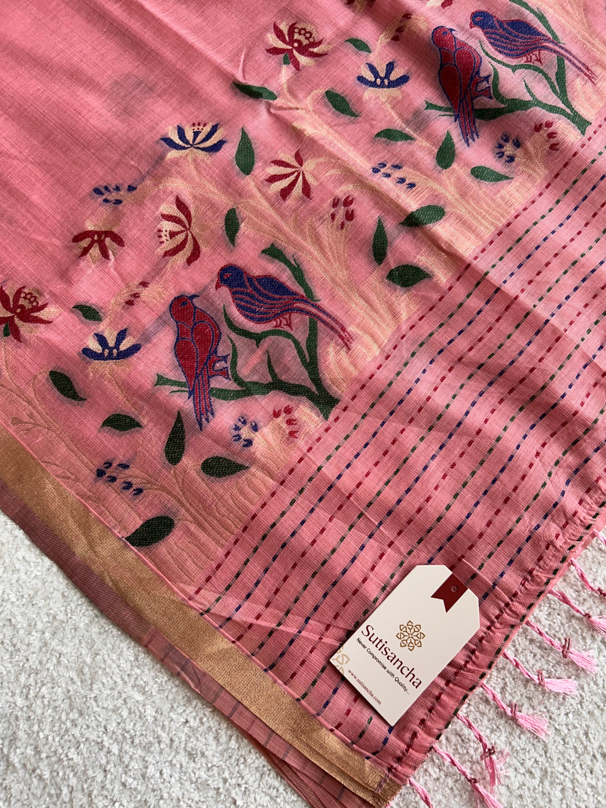 Vanmira Botanical Bird Thread Work Cotton Saree