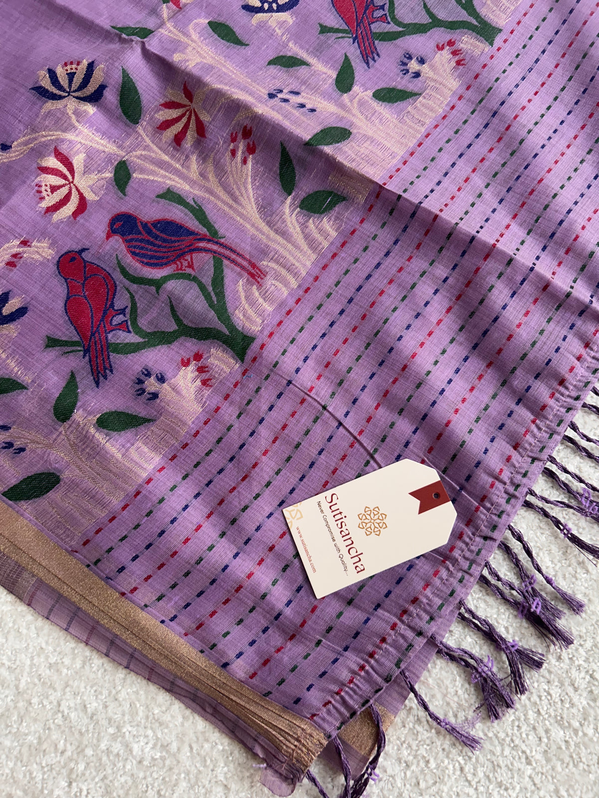 Vanmira Botanical Bird Thread Work Cotton Saree