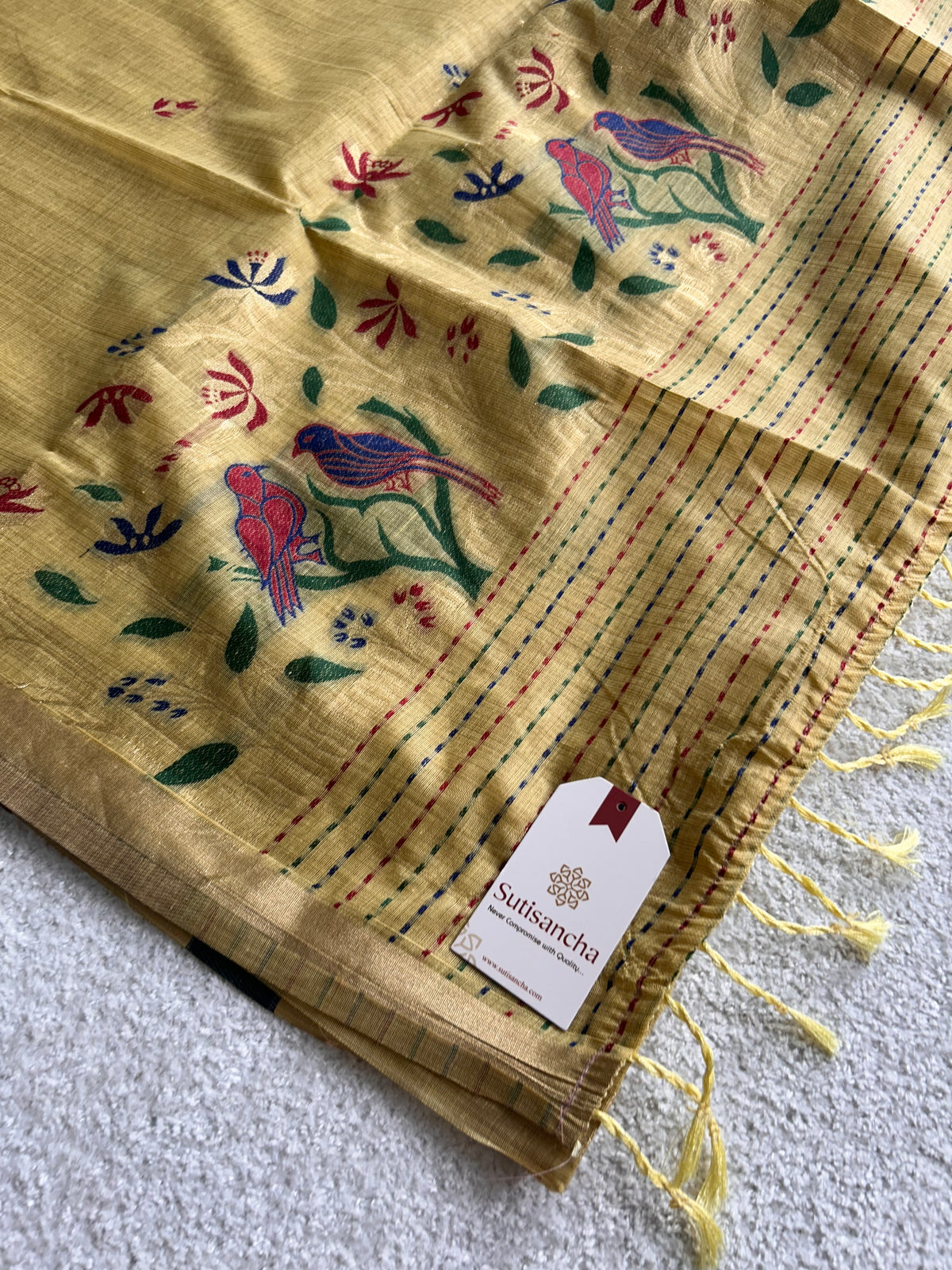 Vanmira Botanical Bird Thread Work Cotton Saree