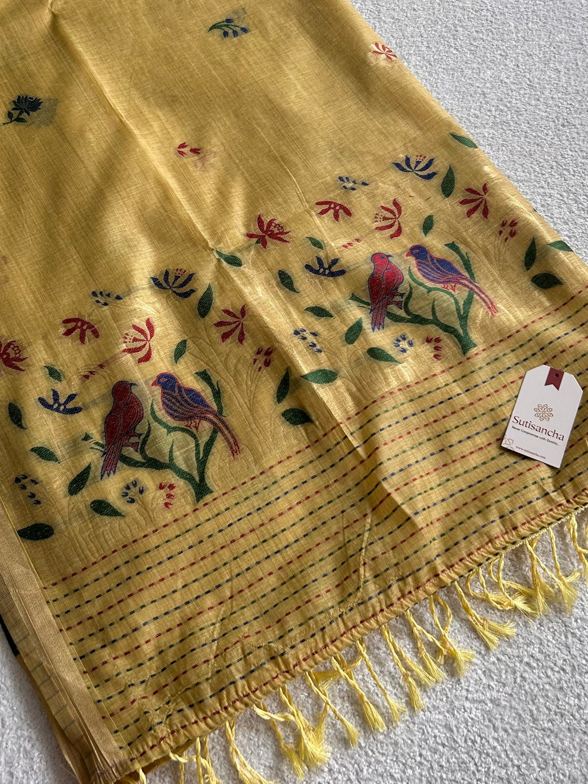 Vanmira Botanical Bird Thread Work Cotton Saree