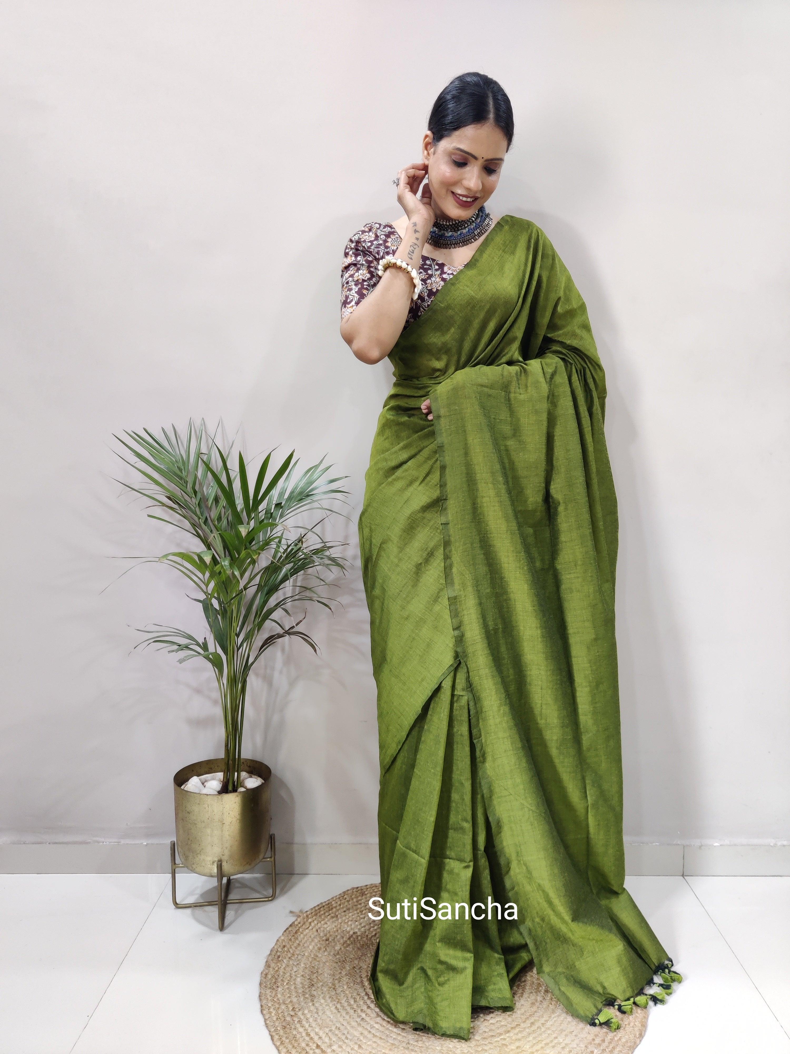Sutisancha Mehndi Khadi Saree & designer Blouse - Suti Sancha