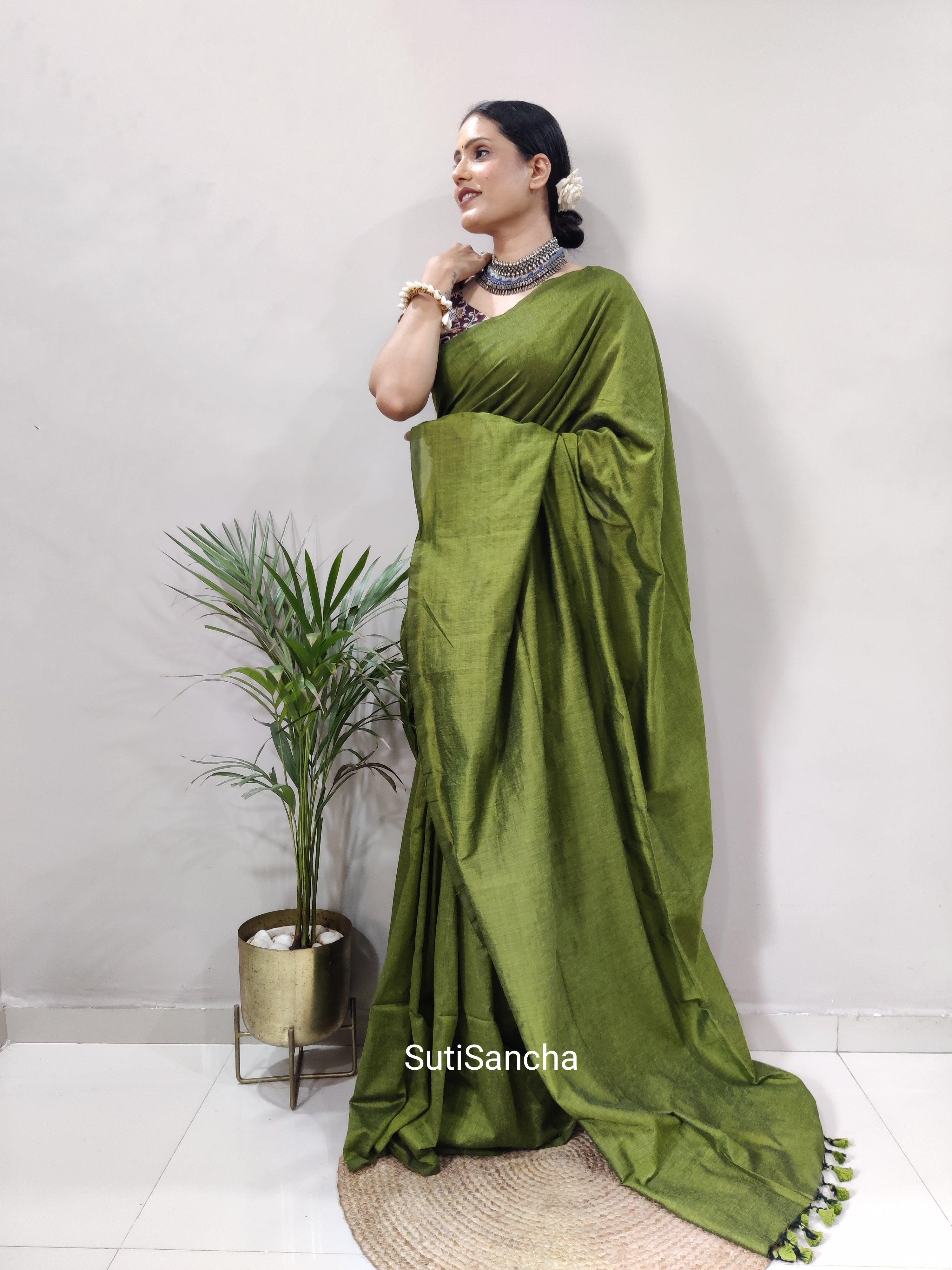 Sutisancha Mehndi Khadi Saree & designer Blouse - Suti Sancha