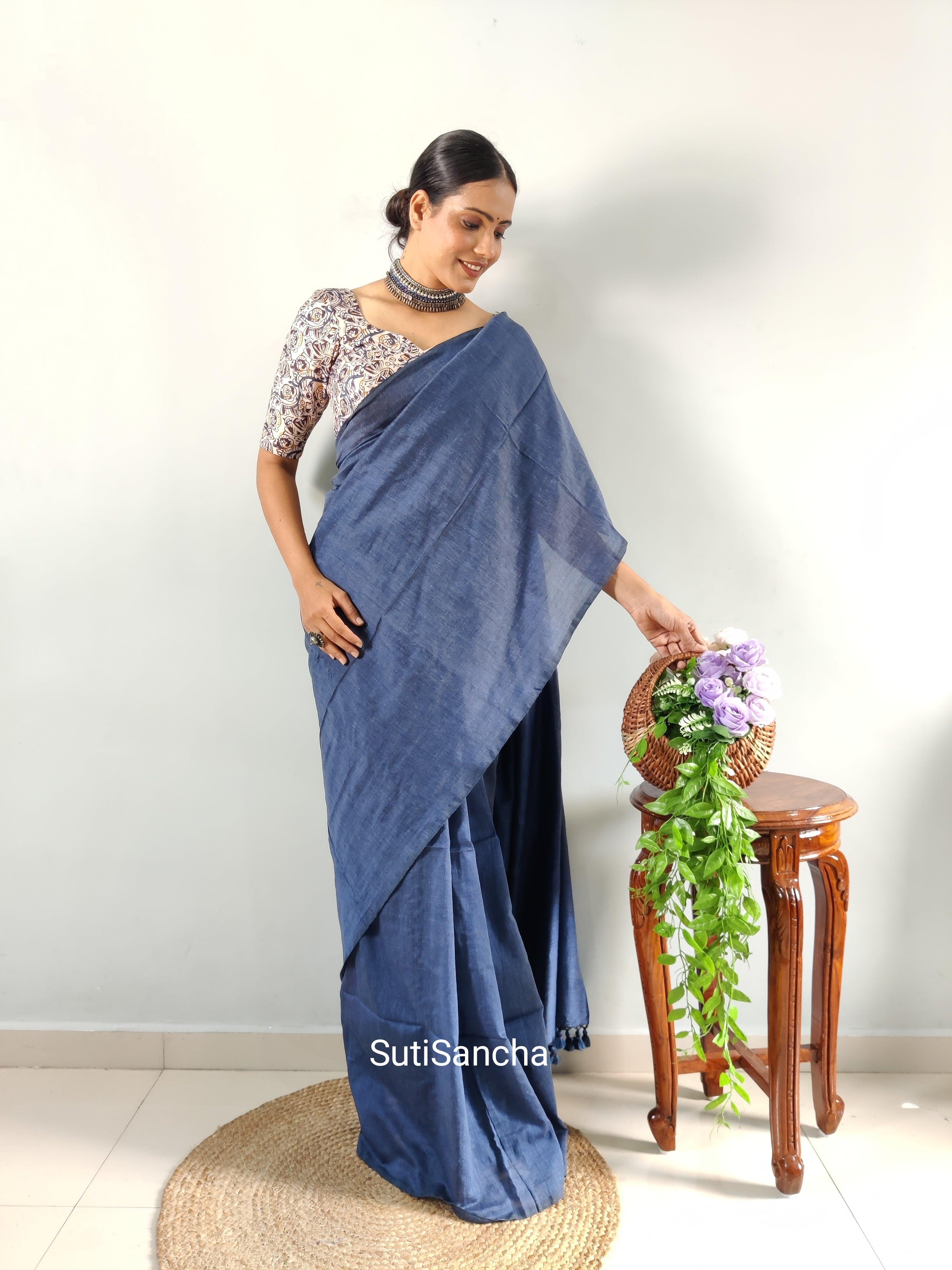 Sutisancha Gray Khadi Saree & designer Blouse - Suti Sancha