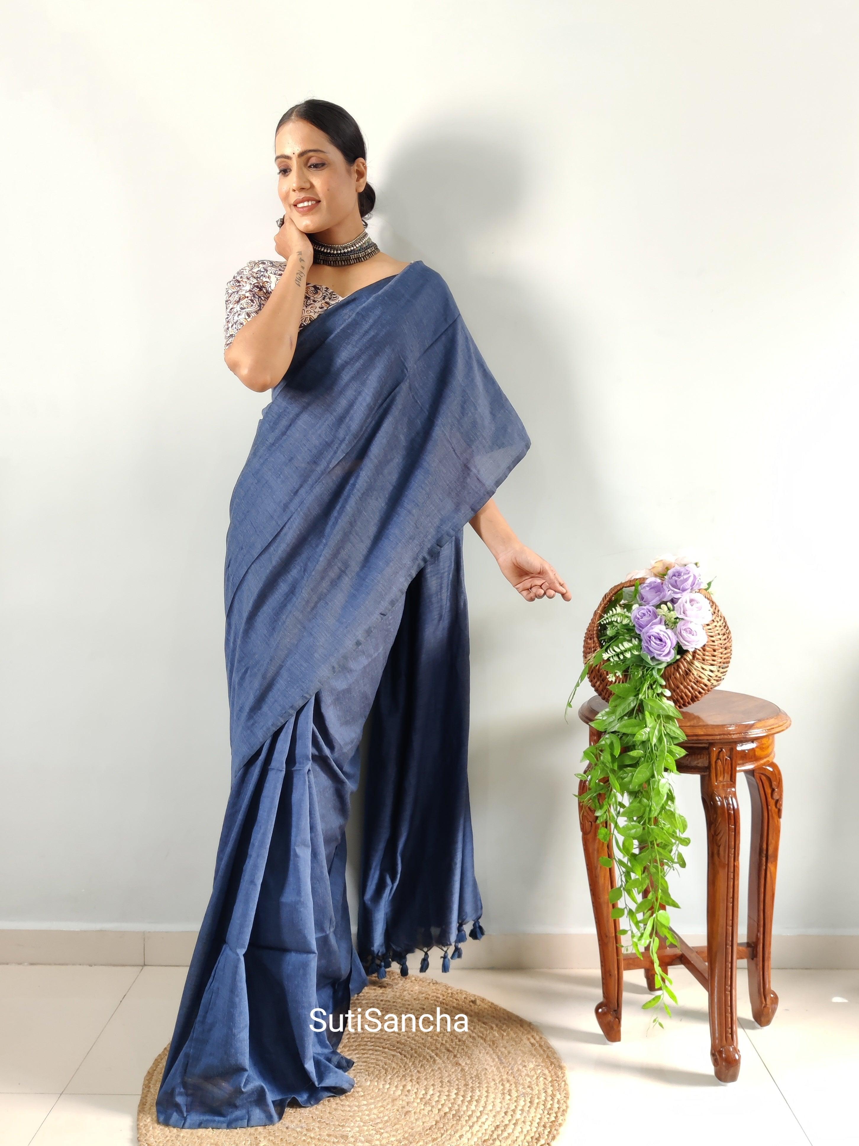 Sutisancha Gray Khadi Saree & designer Blouse - Suti Sancha