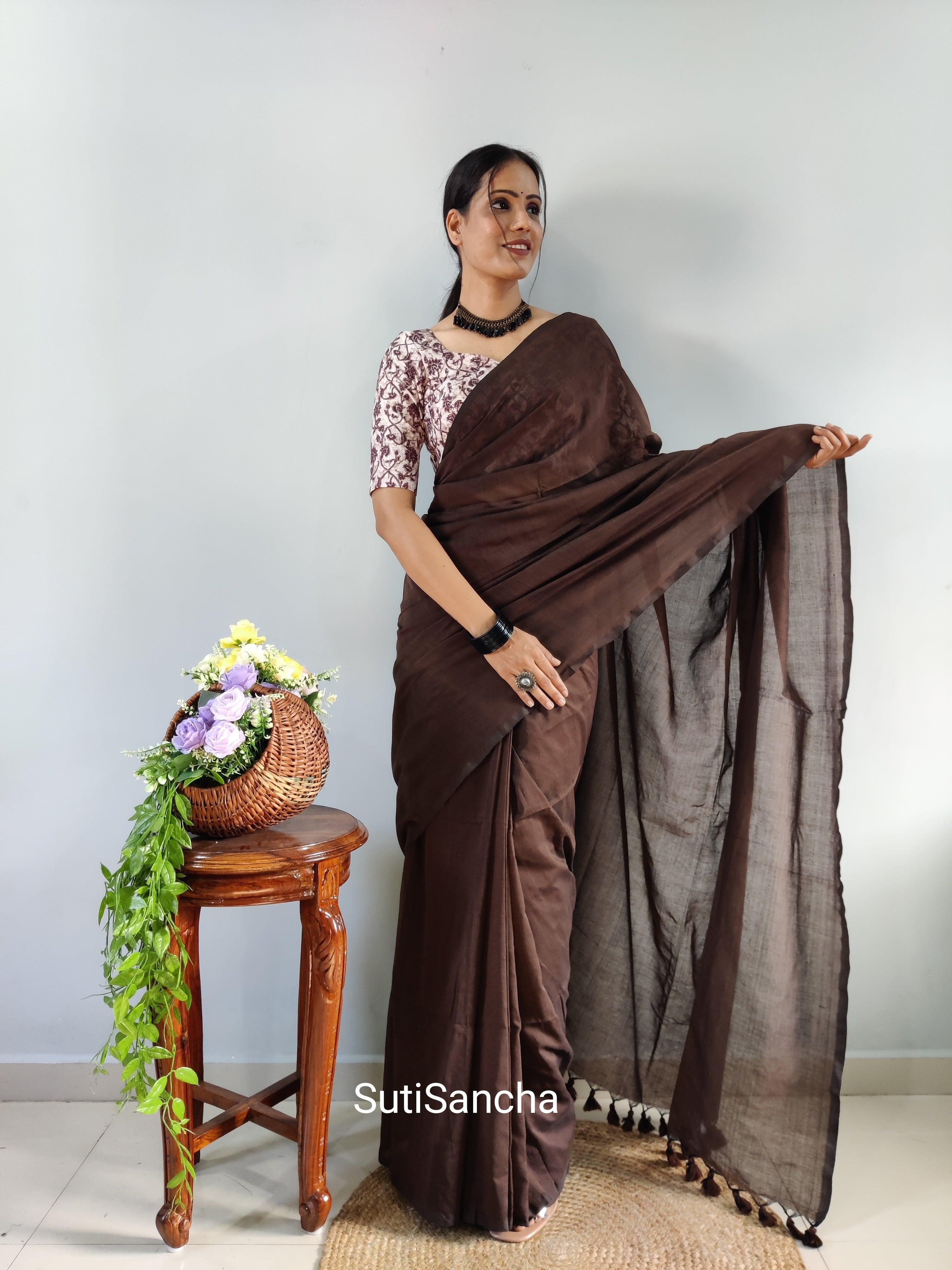 Sutisancha Brown Khadi Saree & designer Blouse - Suti Sancha