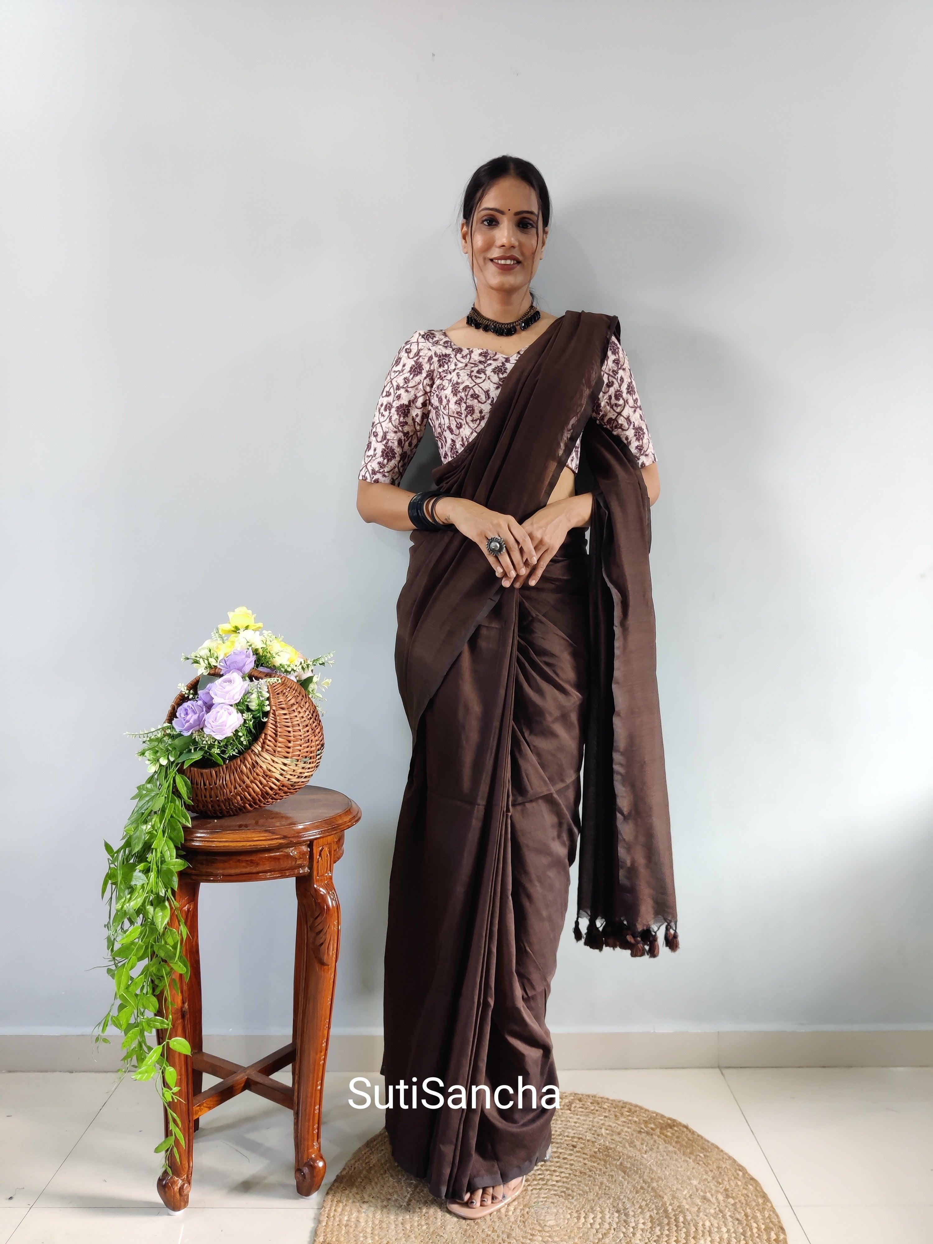 Sutisancha Brown Khadi Saree & designer Blouse - Suti Sancha