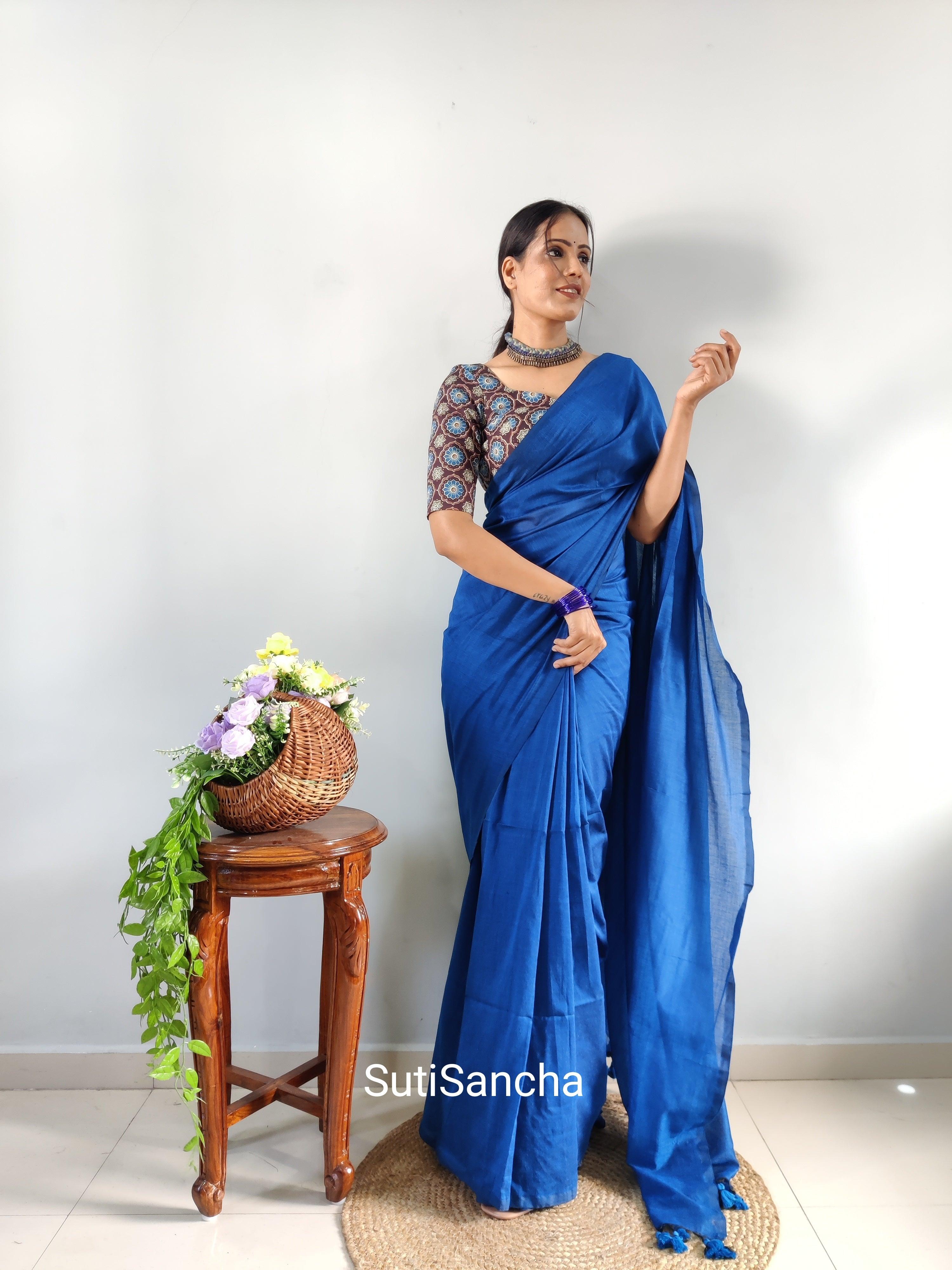 Sutisancha indigoblue Khadi Saree & designer Blouse - Suti Sancha