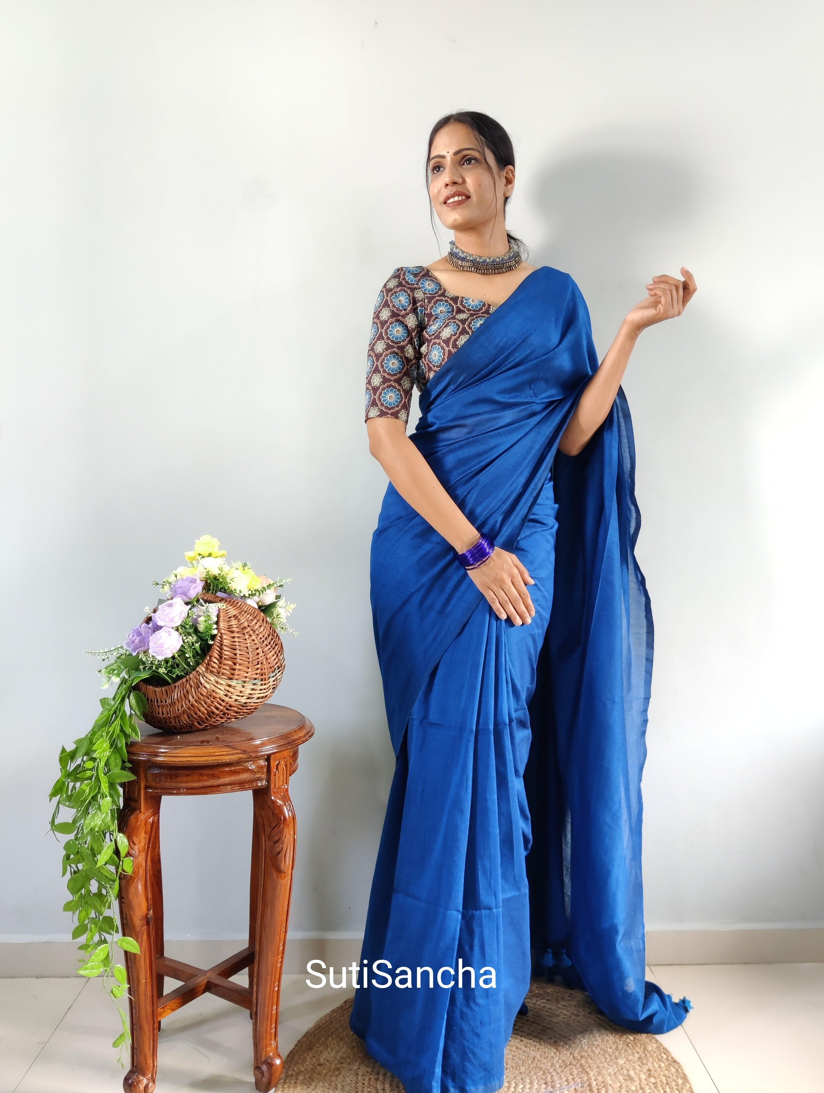 Sutisancha indigoblue Khadi Saree & designer Blouse - Suti Sancha