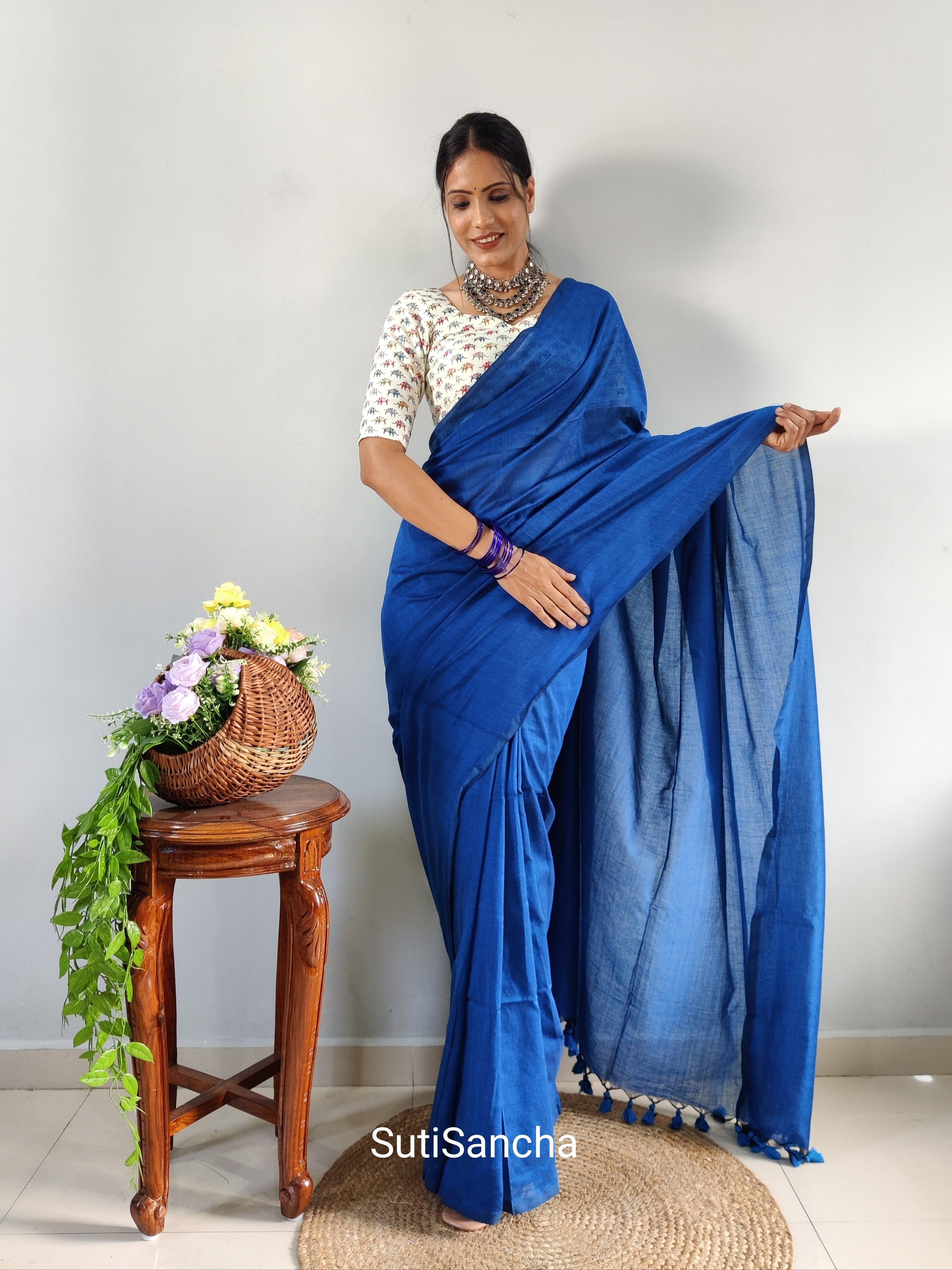 Sutisancha Indigoblue Khadi Saree & designer Blouse - Suti Sancha