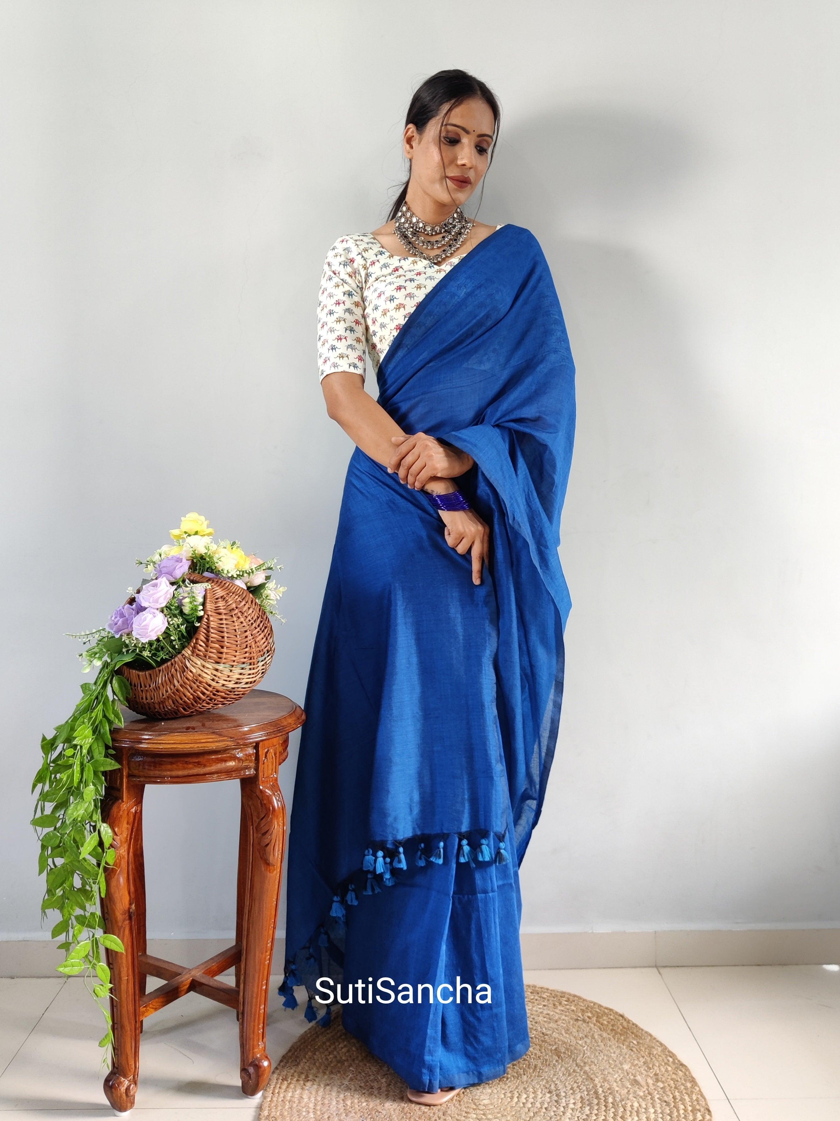 Sutisancha Indigoblue Khadi Saree & designer Blouse - Suti Sancha