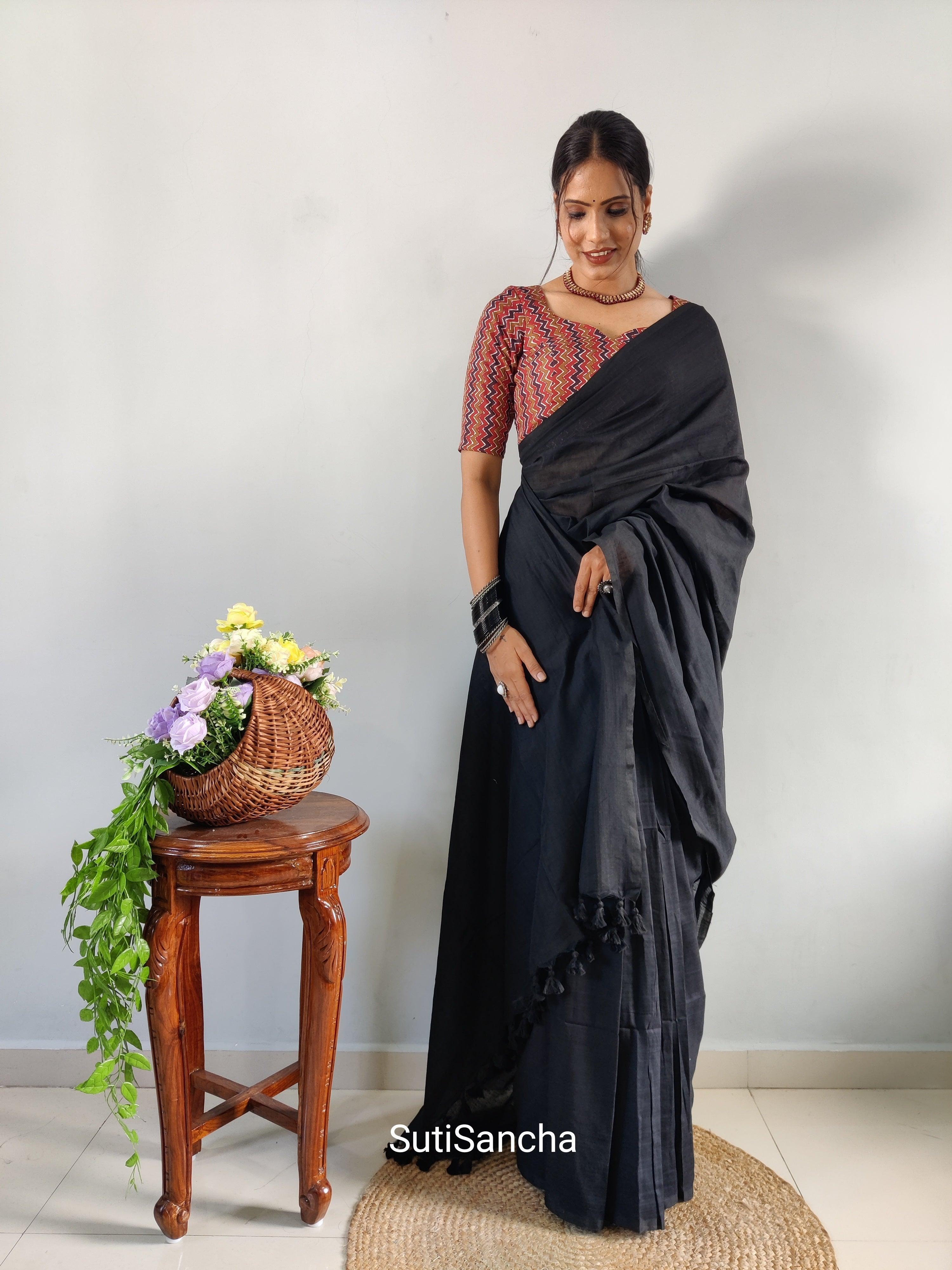 Sutisancha Black Khadi Saree & designer Blouse - Suti Sancha