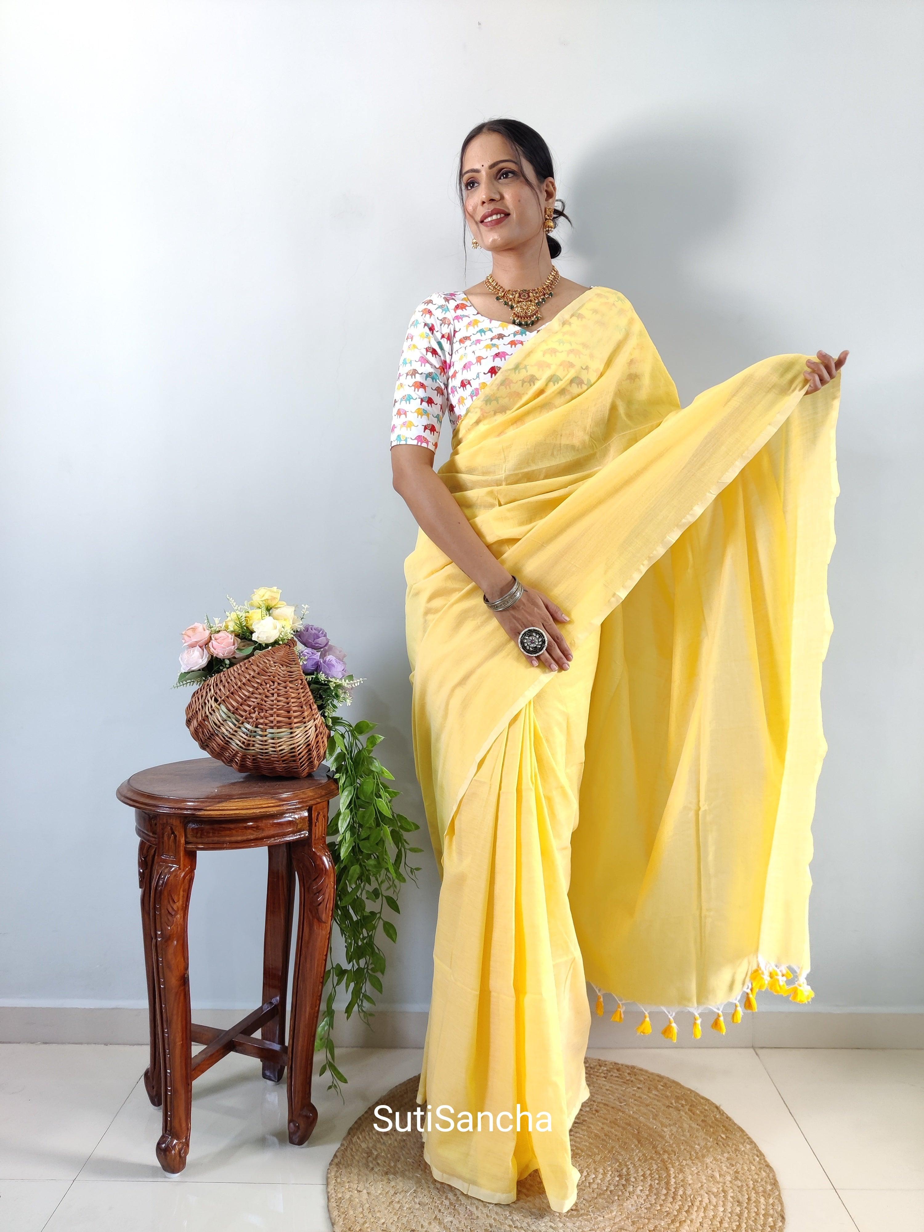 Yellow Pure Soft Satin Silk Banarasi Handloom Saree - Tilfi