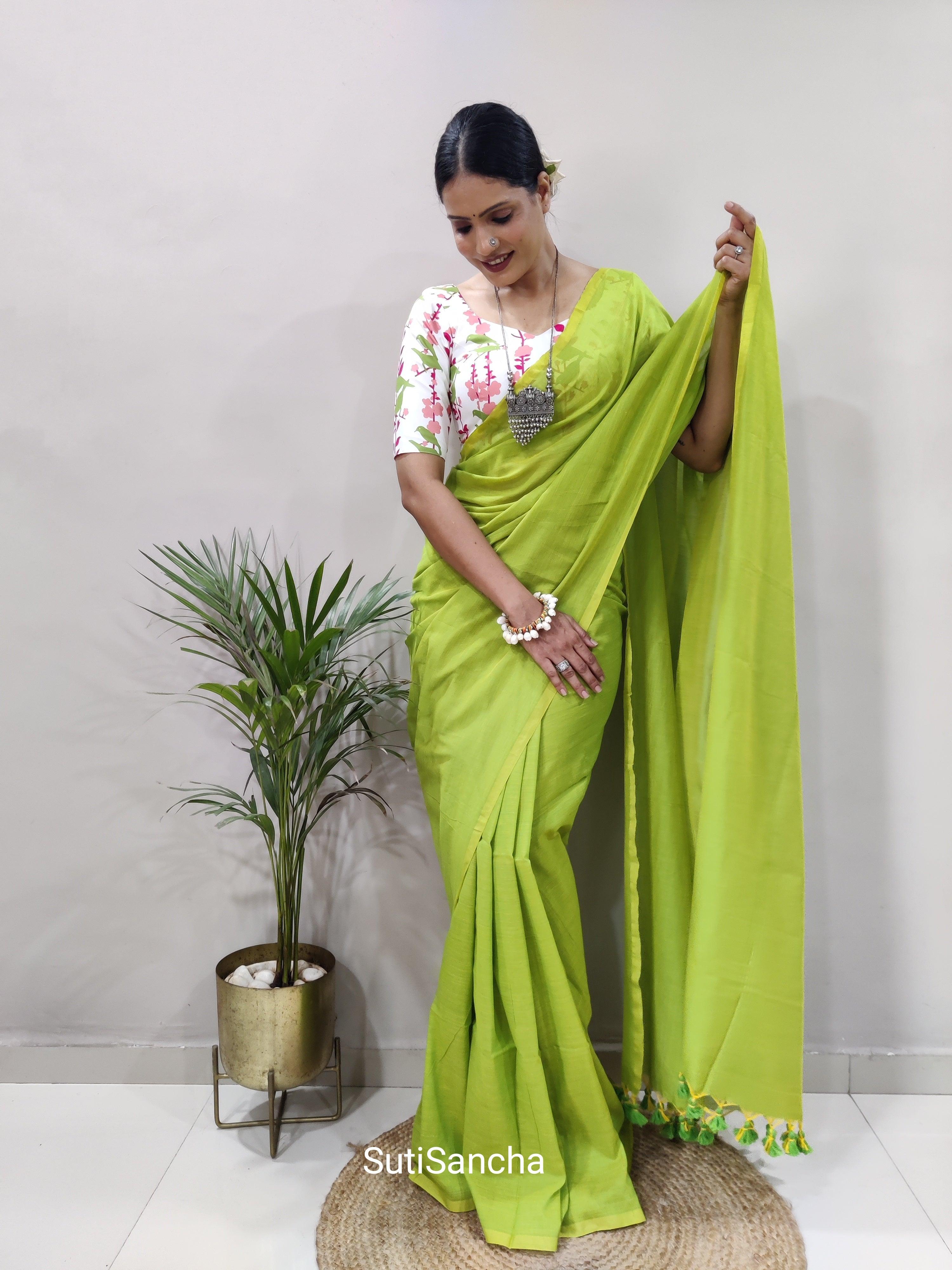 Sutisancha Parrot colour Khadi Saree & designer Blouse - Suti Sancha
