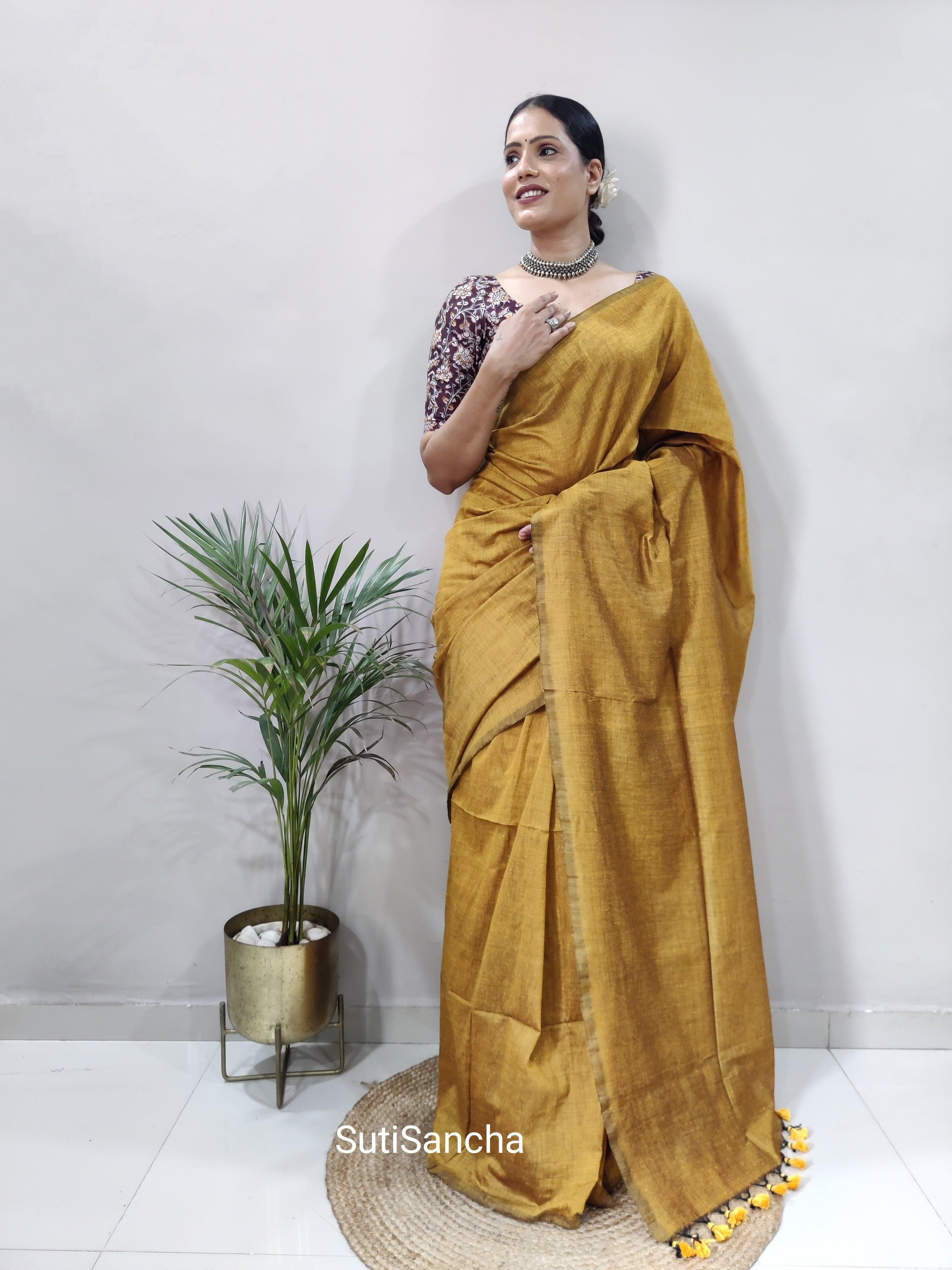 Sutisancha Musterd Khadi Saree & designer Blouse - Suti Sancha