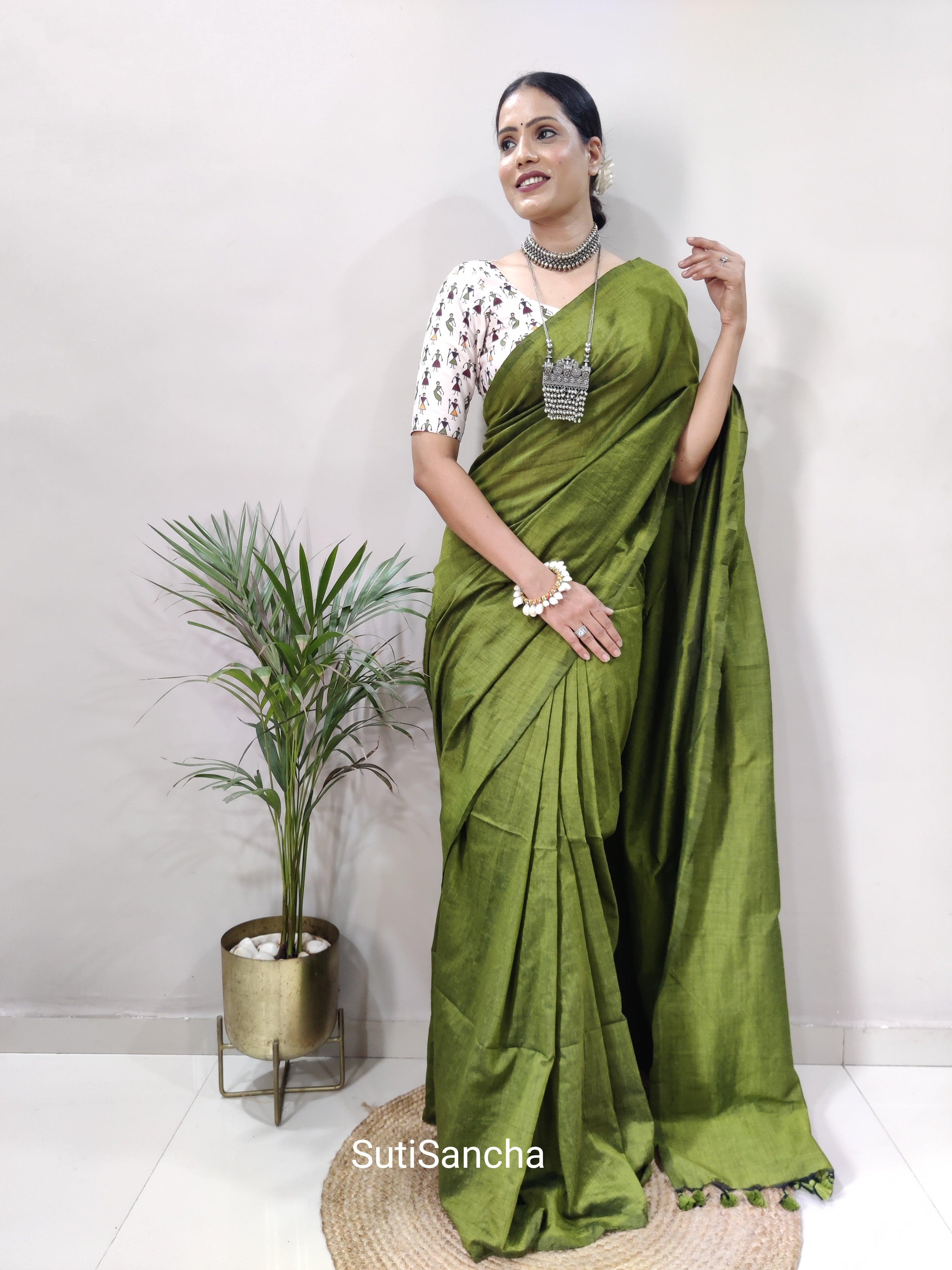 Sutisancha Mehndi Khadi Saree & designer Blouse - Suti Sancha