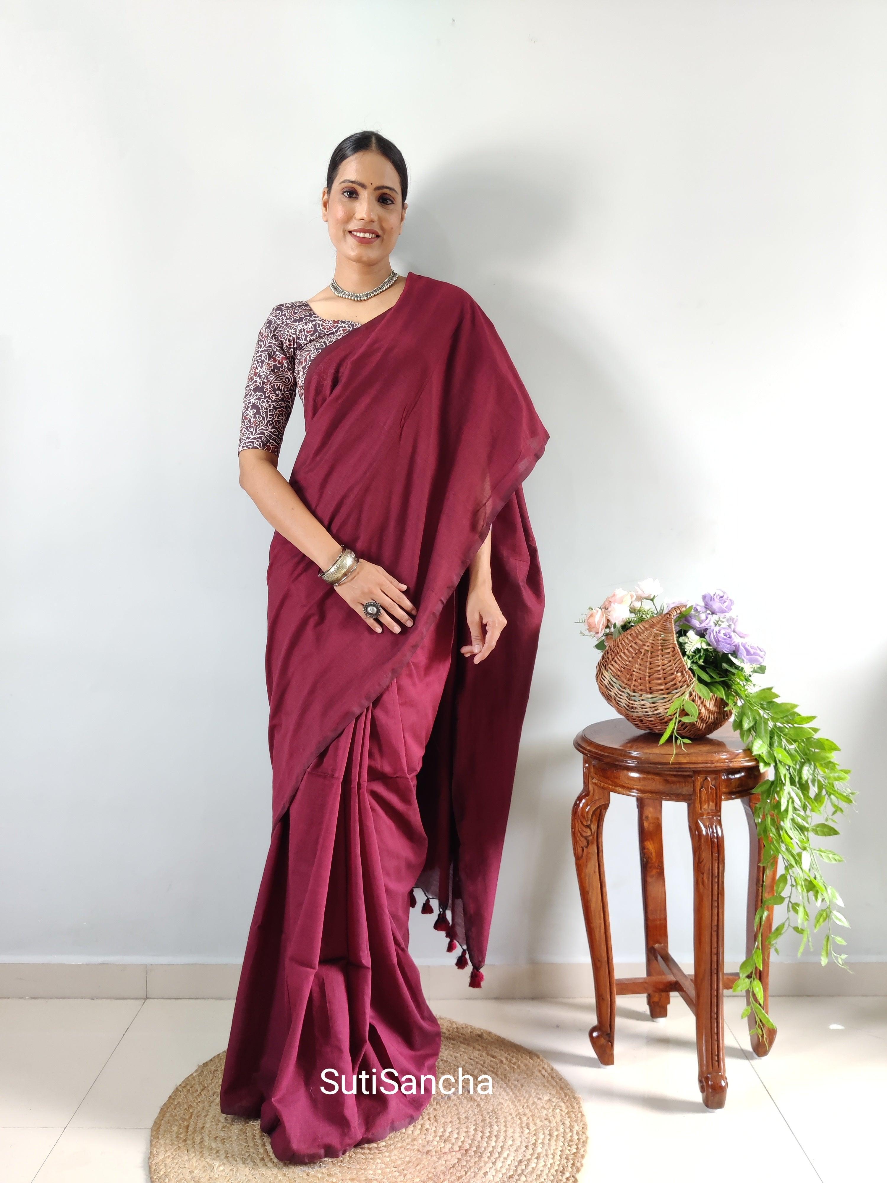 Sutisancha Maroon Khadi Saree & designer Blouse