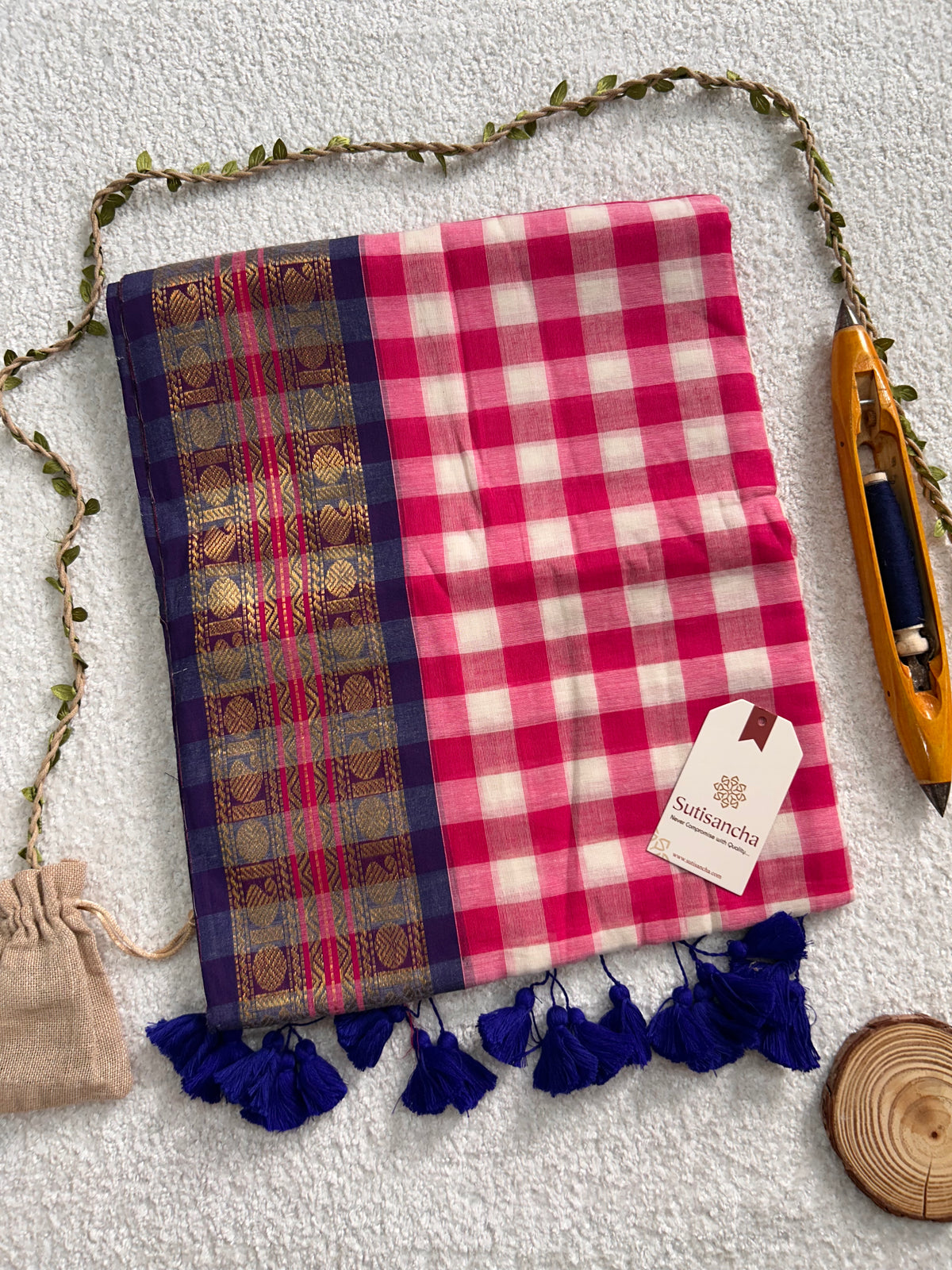Mulaya Heritage Gingham Zari Border Pure Mul Cotton Saree