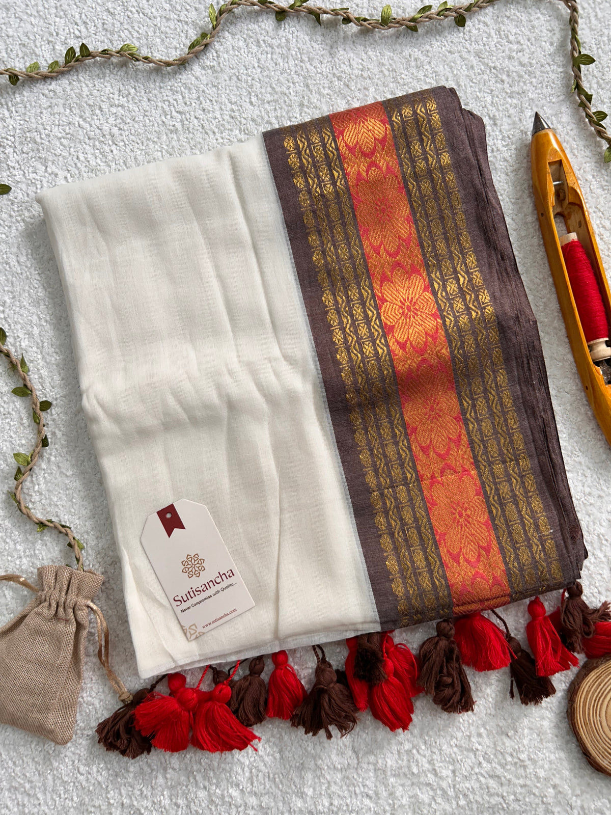 Mulaya Floral Heritage Woven Zari Border Pure Mul Cotton Saree