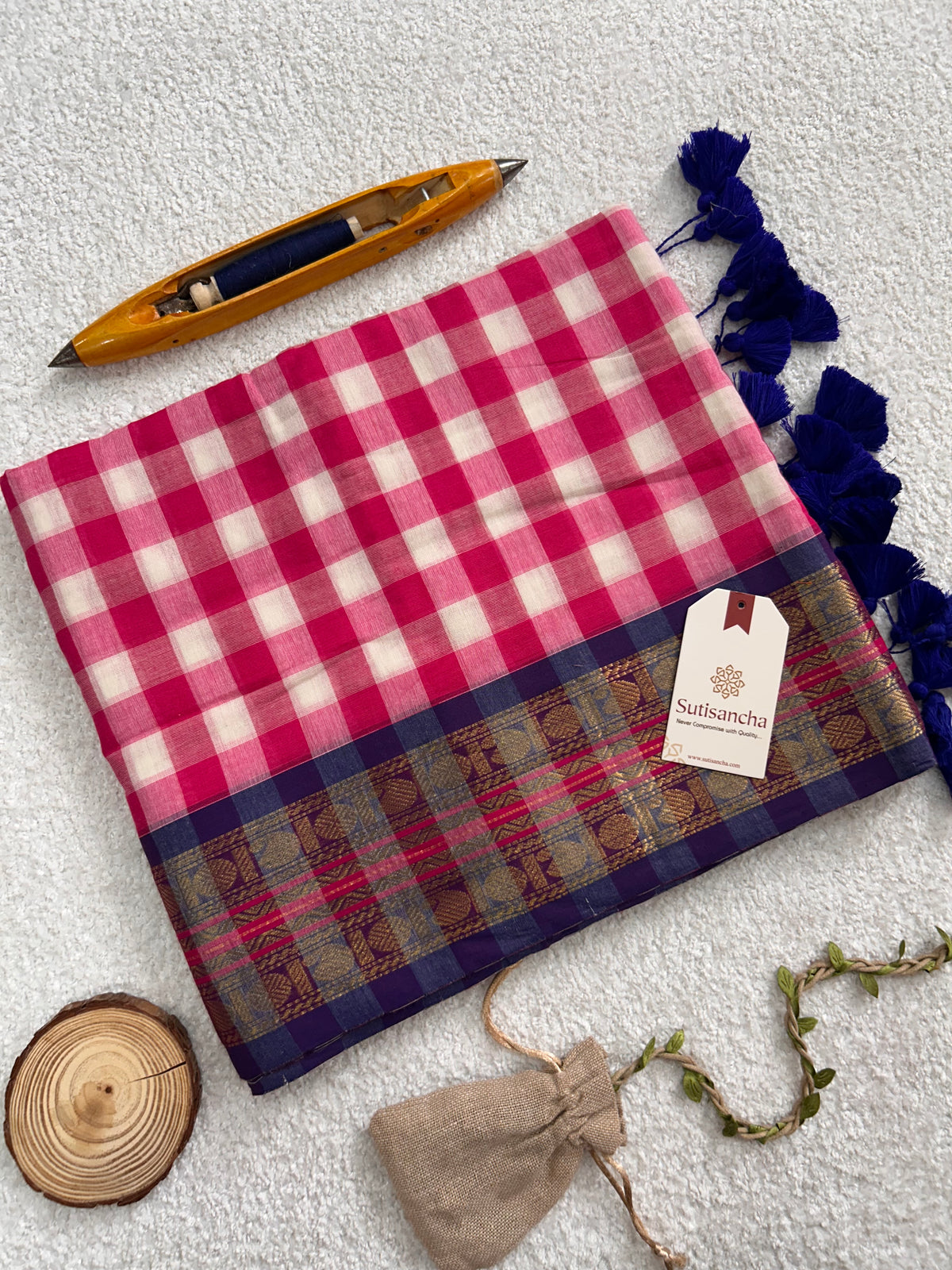 Mulaya Heritage Gingham Zari Border Pure Mul Cotton Saree