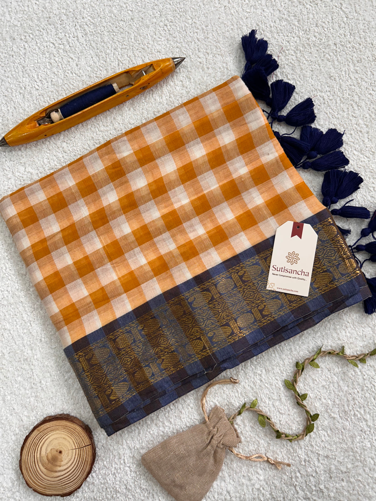Mulaya Heritage Gingham Zari Border Pure Mul Cotton Saree