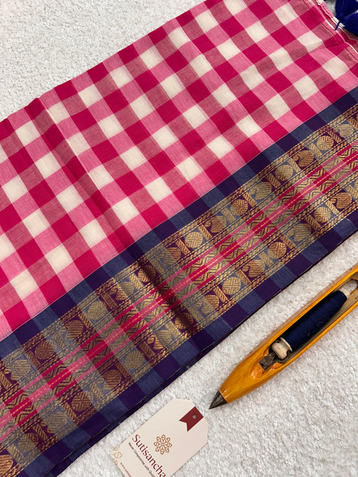Mulaya Heritage Gingham Zari Border Pure Mul Cotton Saree