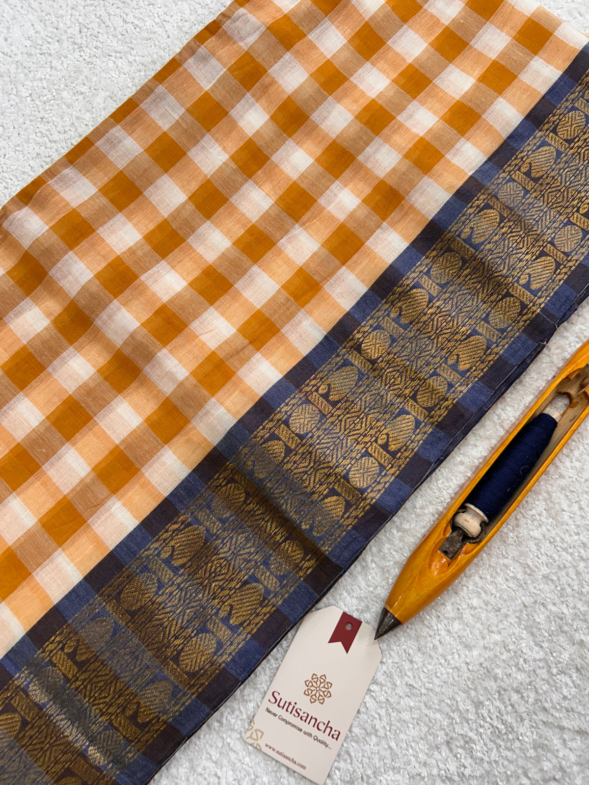 Mulaya Heritage Gingham Zari Border Pure Mul Cotton Saree