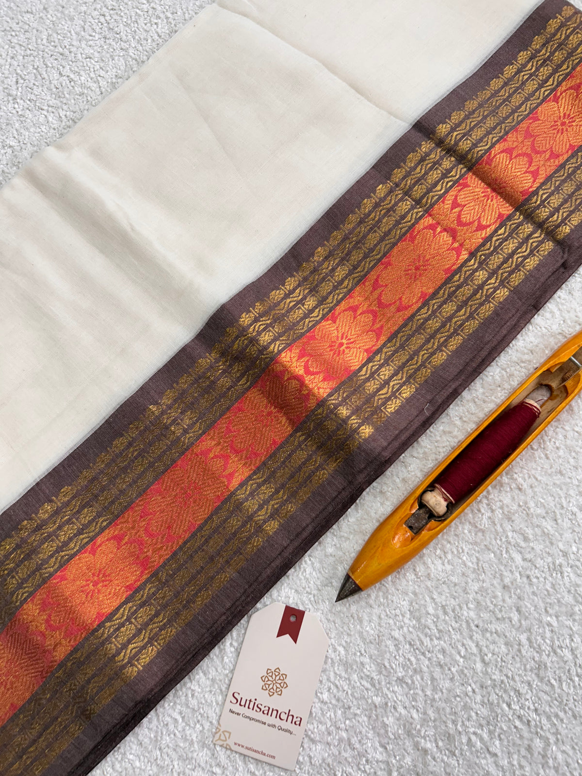 Mulaya Floral Heritage Woven Zari Border Pure Mul Cotton Saree