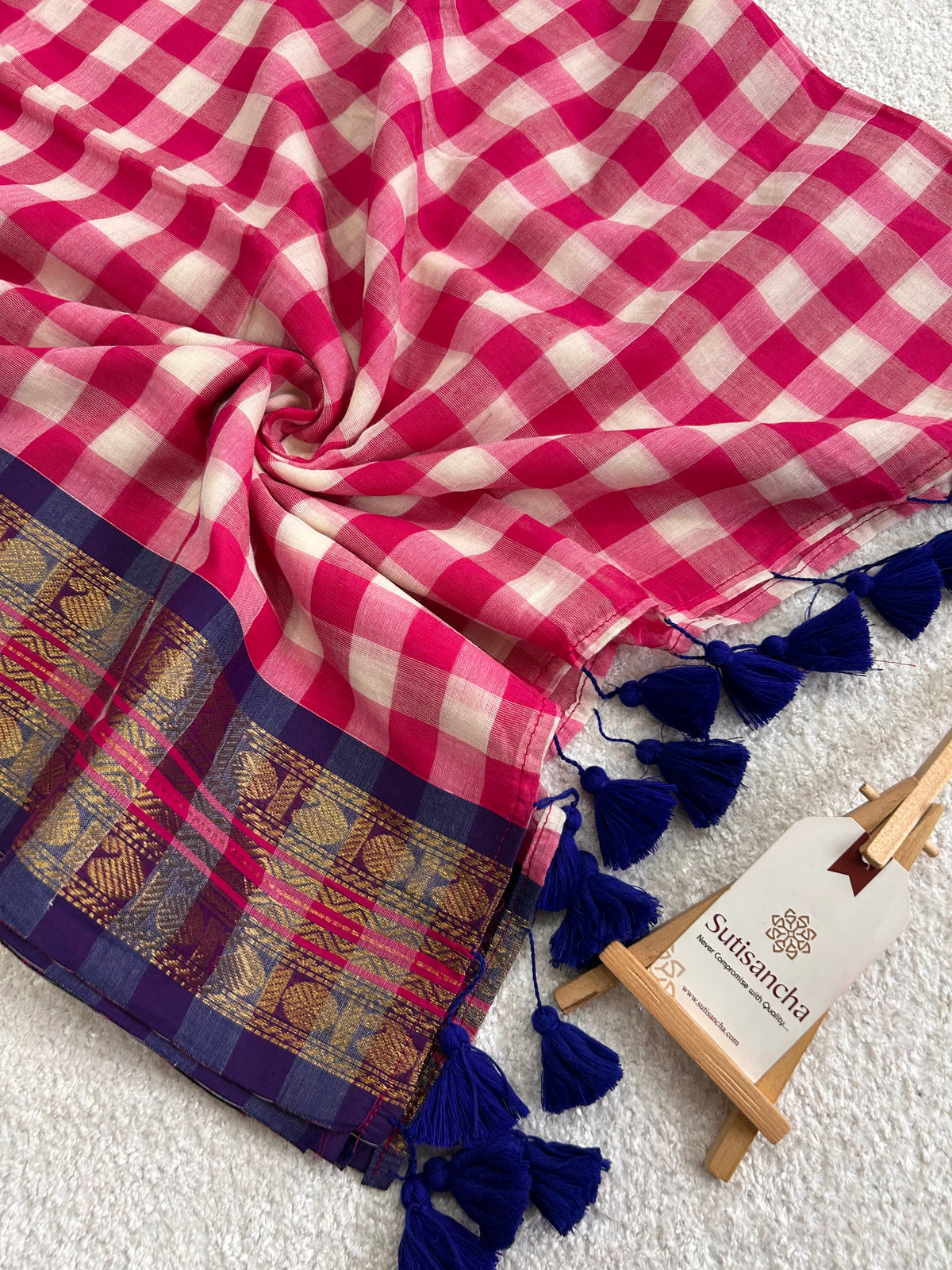 Mulaya Heritage Gingham Zari Border Pure Mul Cotton Saree