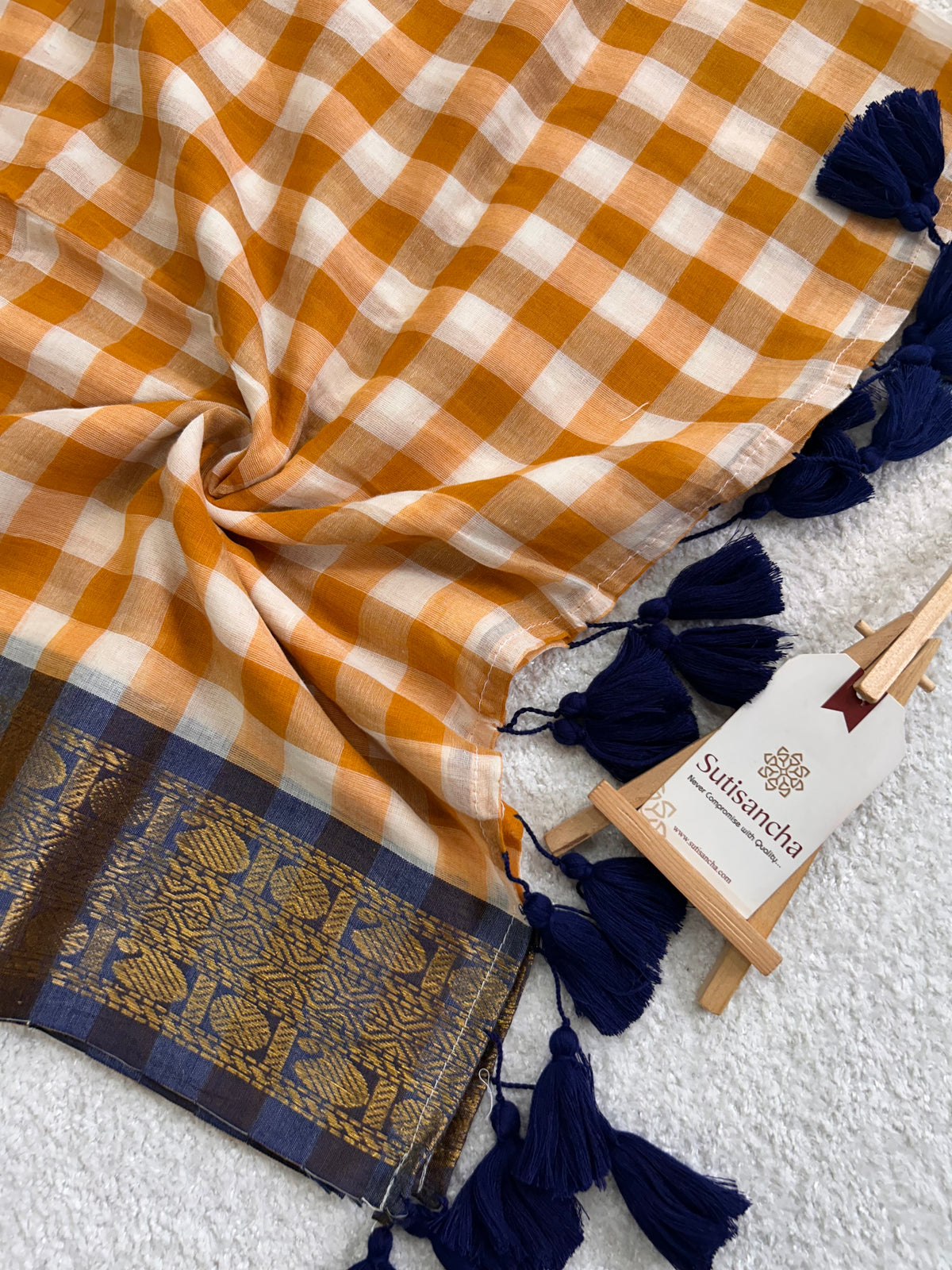 Mulaya Heritage Gingham Zari Border Pure Mul Cotton Saree