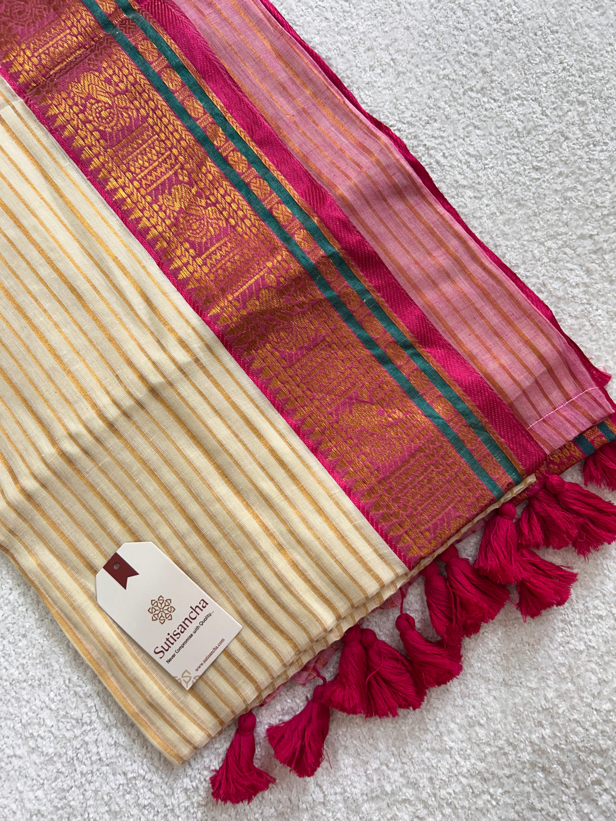 Mulaya Linear Zari Stripes Heritage Border Pure Mul Cotton Saree