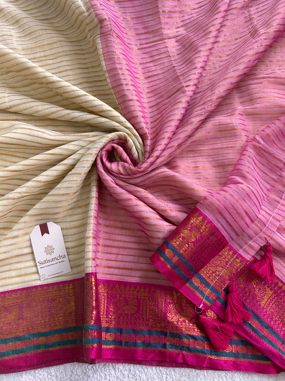 Mulaya Linear Zari Stripes Heritage Border Pure Mul Cotton Saree