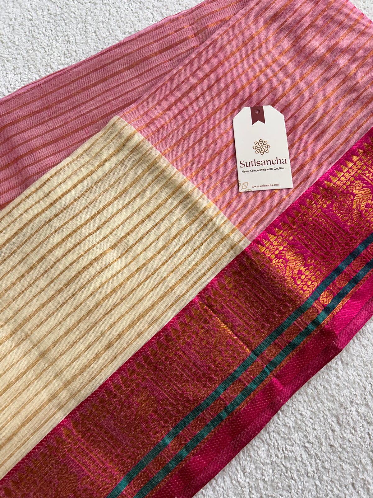 Mulaya Linear Zari Stripes Heritage Border Pure Mul Cotton Saree