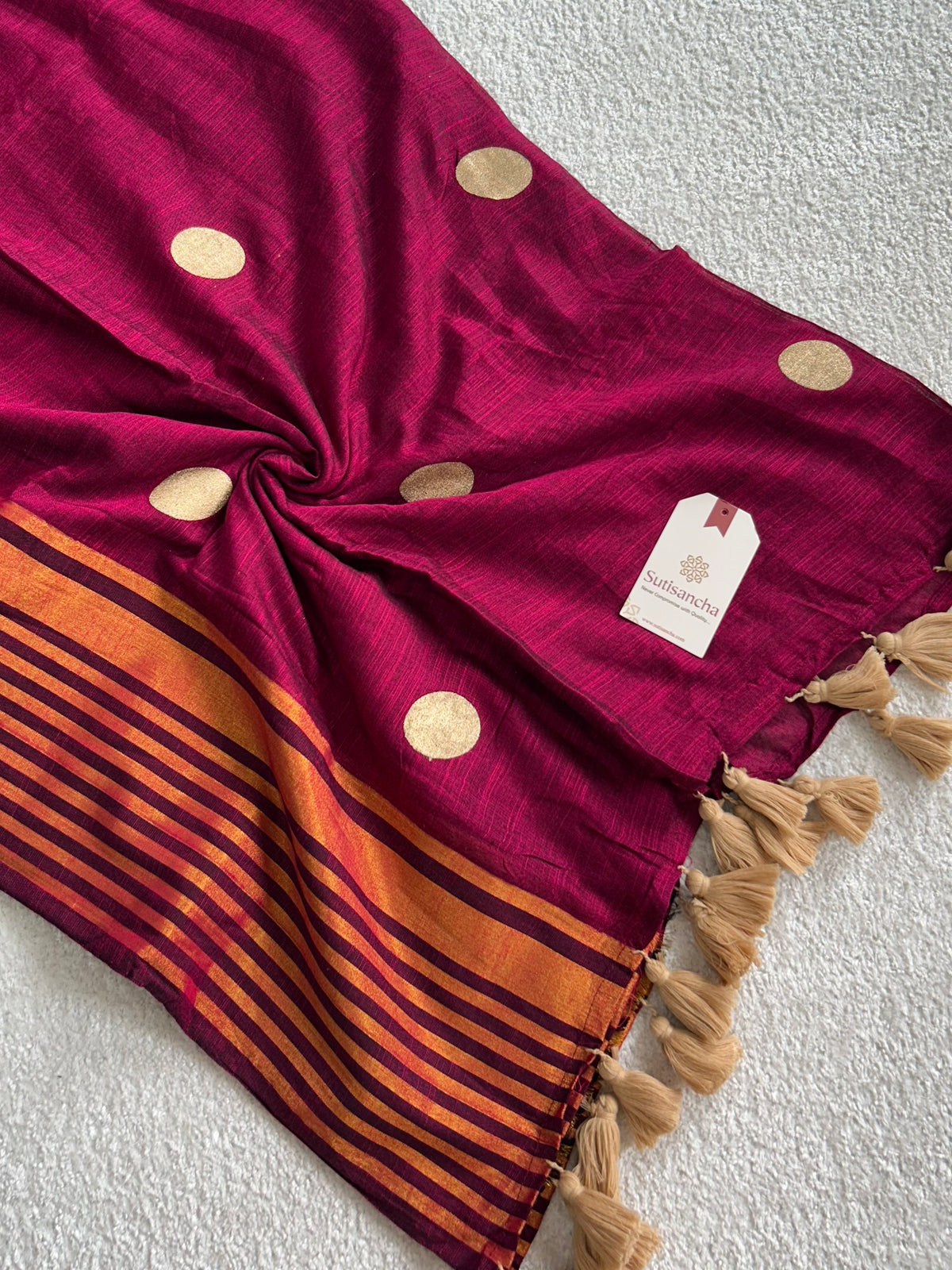 Kumud Zari Polka Multi Line Border Pure Mul Cotton Saree