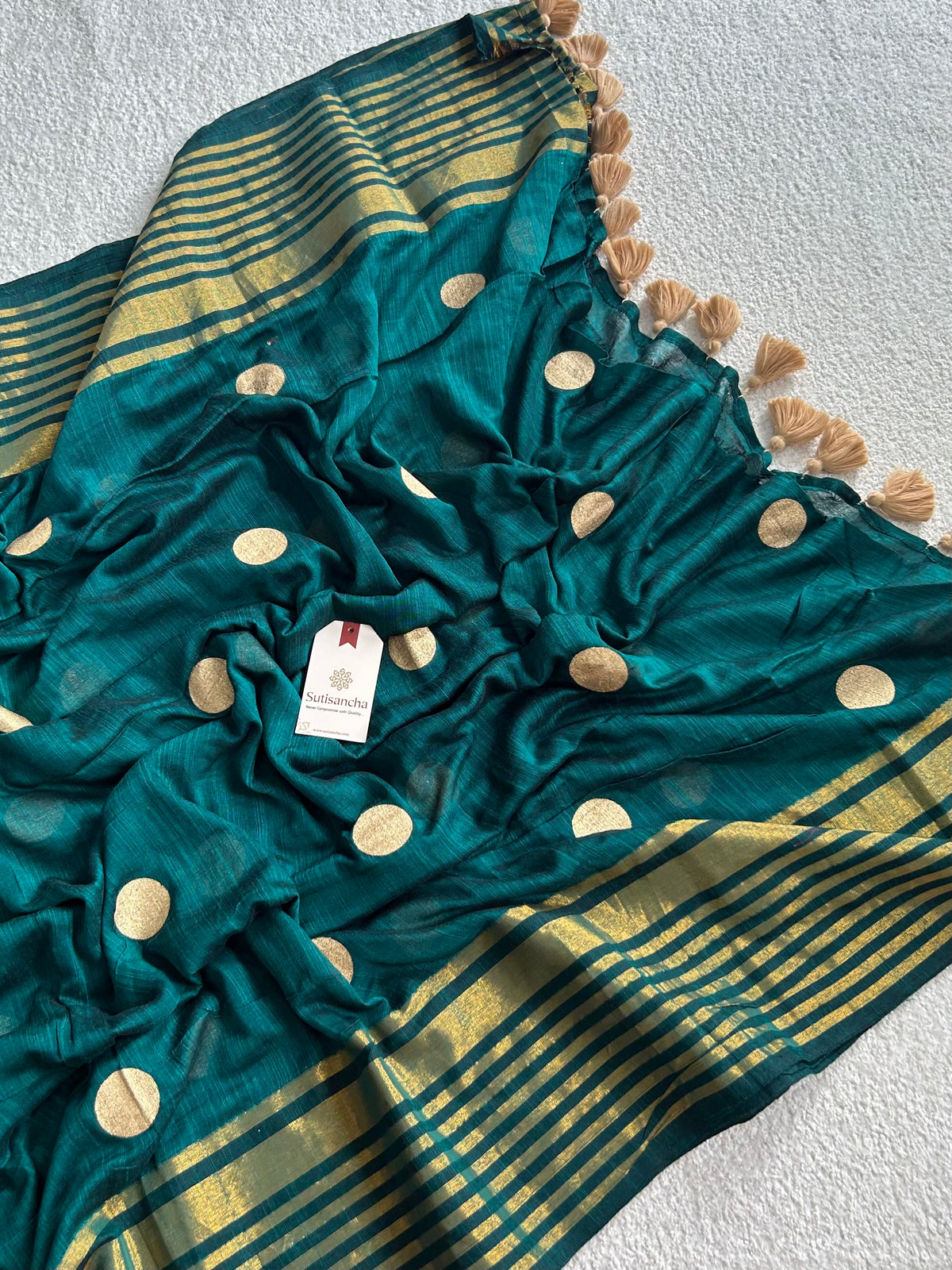 Kumud Zari Polka Multi Line Border Pure Mul Cotton Saree