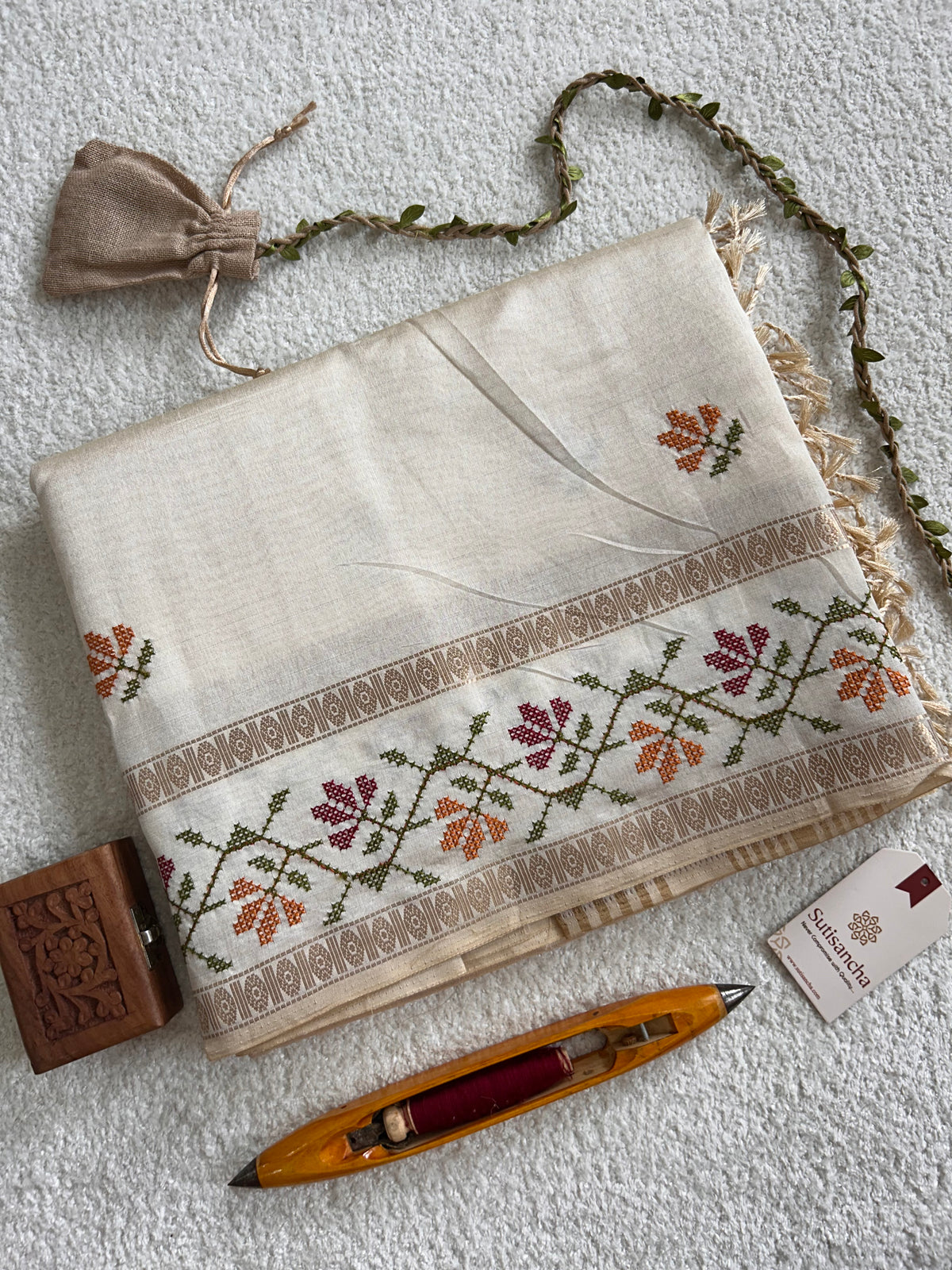 Evara Floral Vine Tussar Cotton Saree with Heritage Border