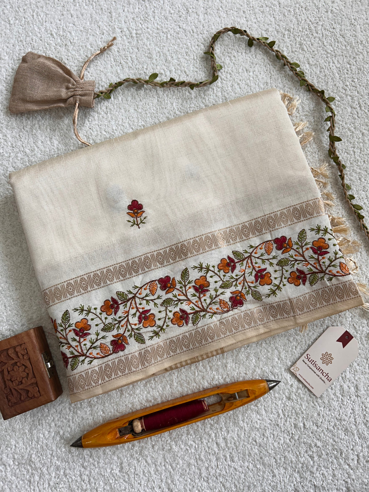 Evara Floral Vine Tussar Cotton Saree with Heritage Border
