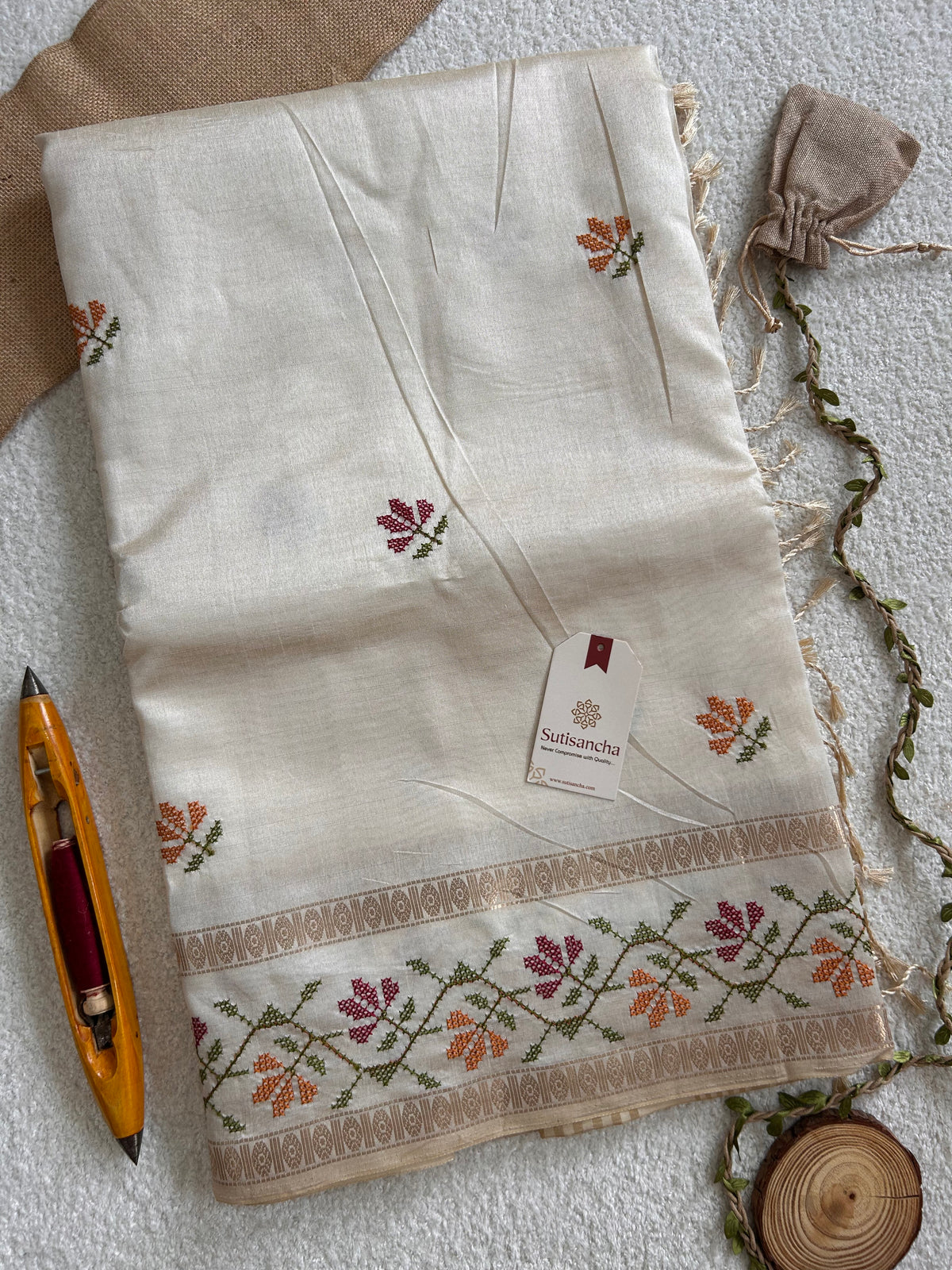 Evara Floral Vine Tussar Cotton Saree with Heritage Border