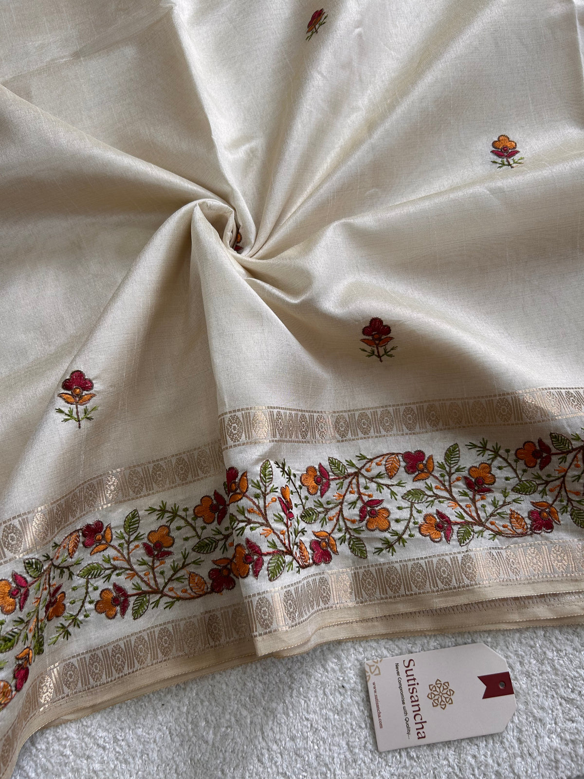 Evara Floral Vine Tussar Cotton Saree with Heritage Border