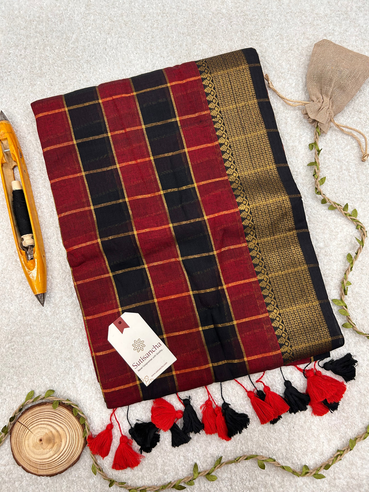 Charvi Heritage Check Zari Border Pure Mul Cotton Saree