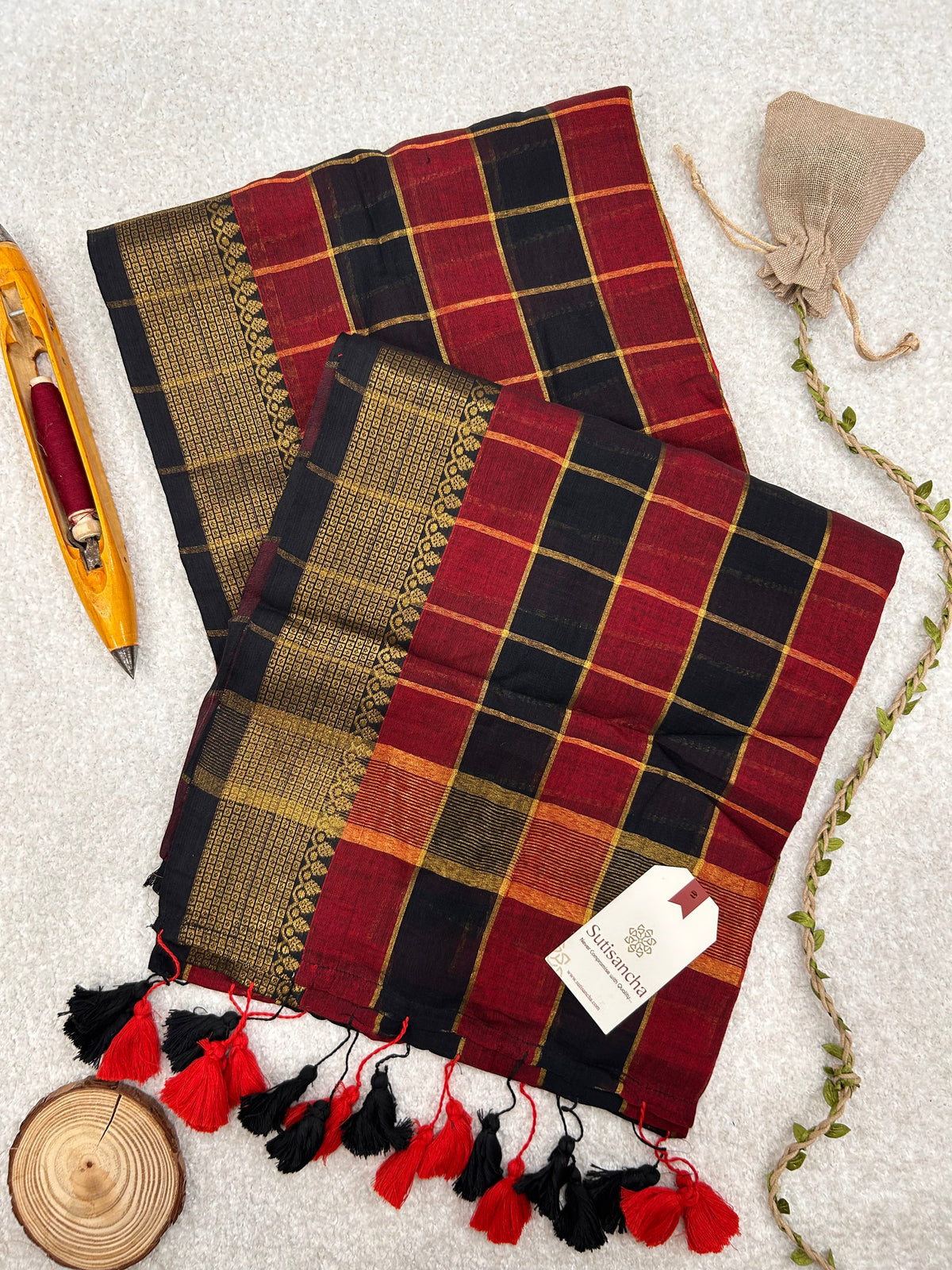 Charvi Heritage Check Zari Border Pure Mul Cotton Saree