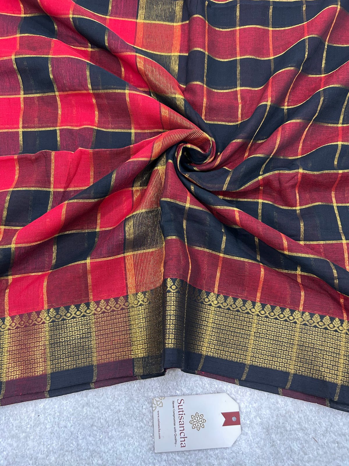 Charvi Heritage Check Zari Border Pure Mul Cotton Saree