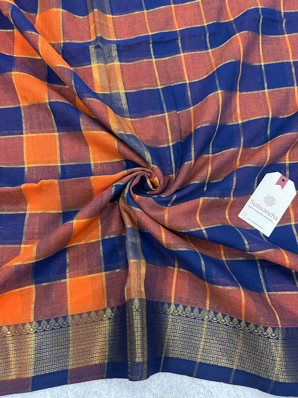 Charvi Heritage Check Zari Border Pure Mul Cotton Saree