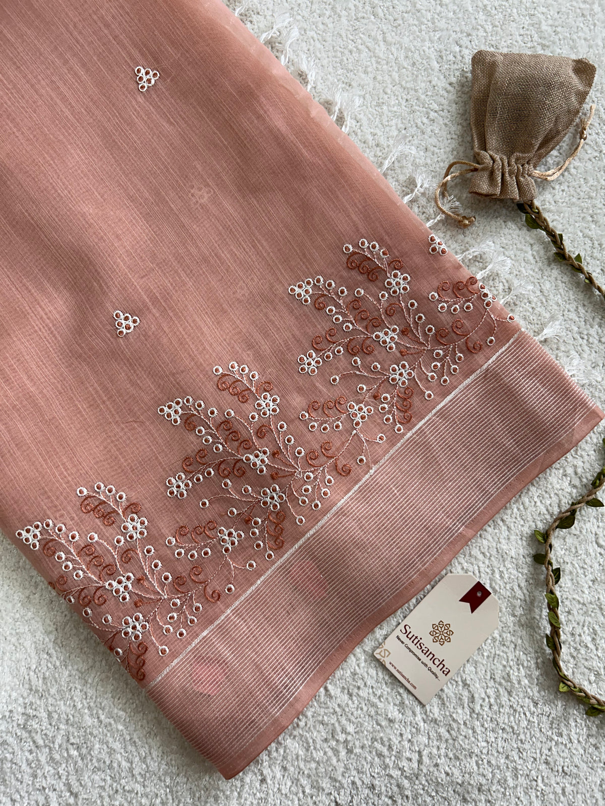 Nivara Botanical Vine Border Floral Detail Cotton Saree