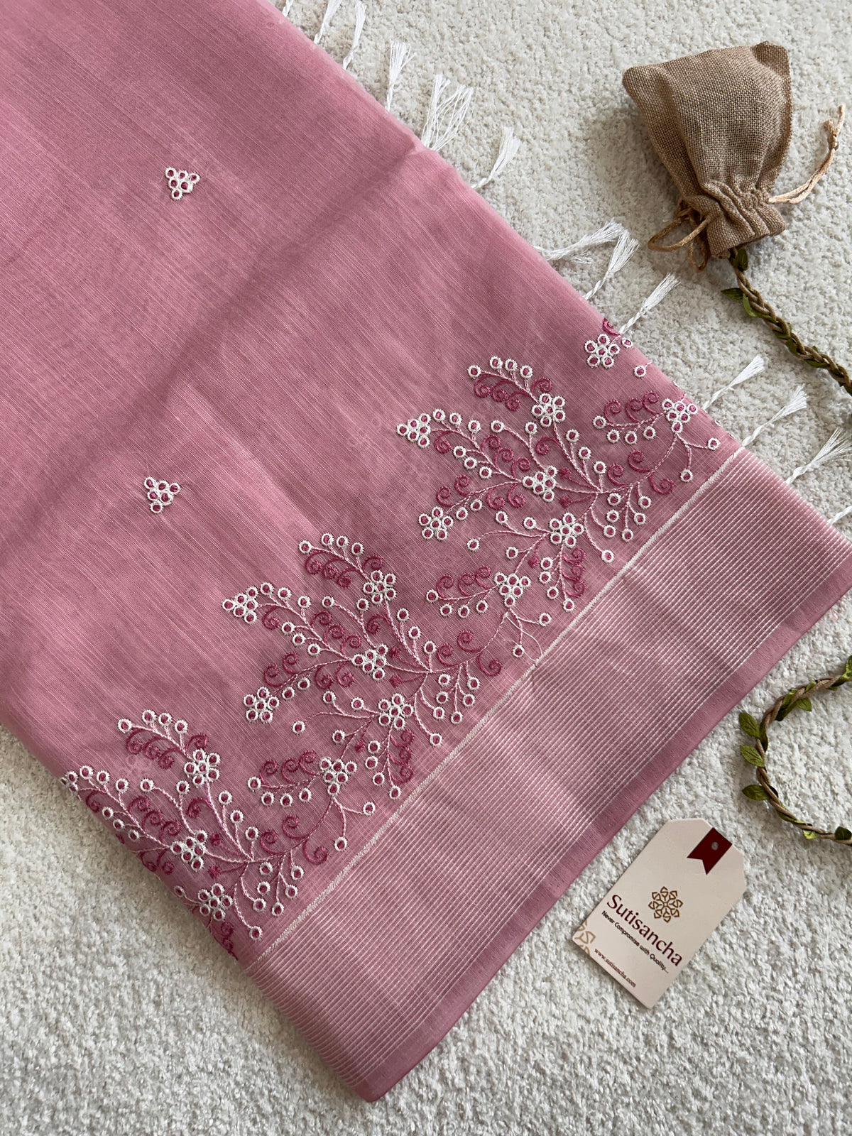 Nivara Botanical Vine Border Floral Detail Cotton Saree