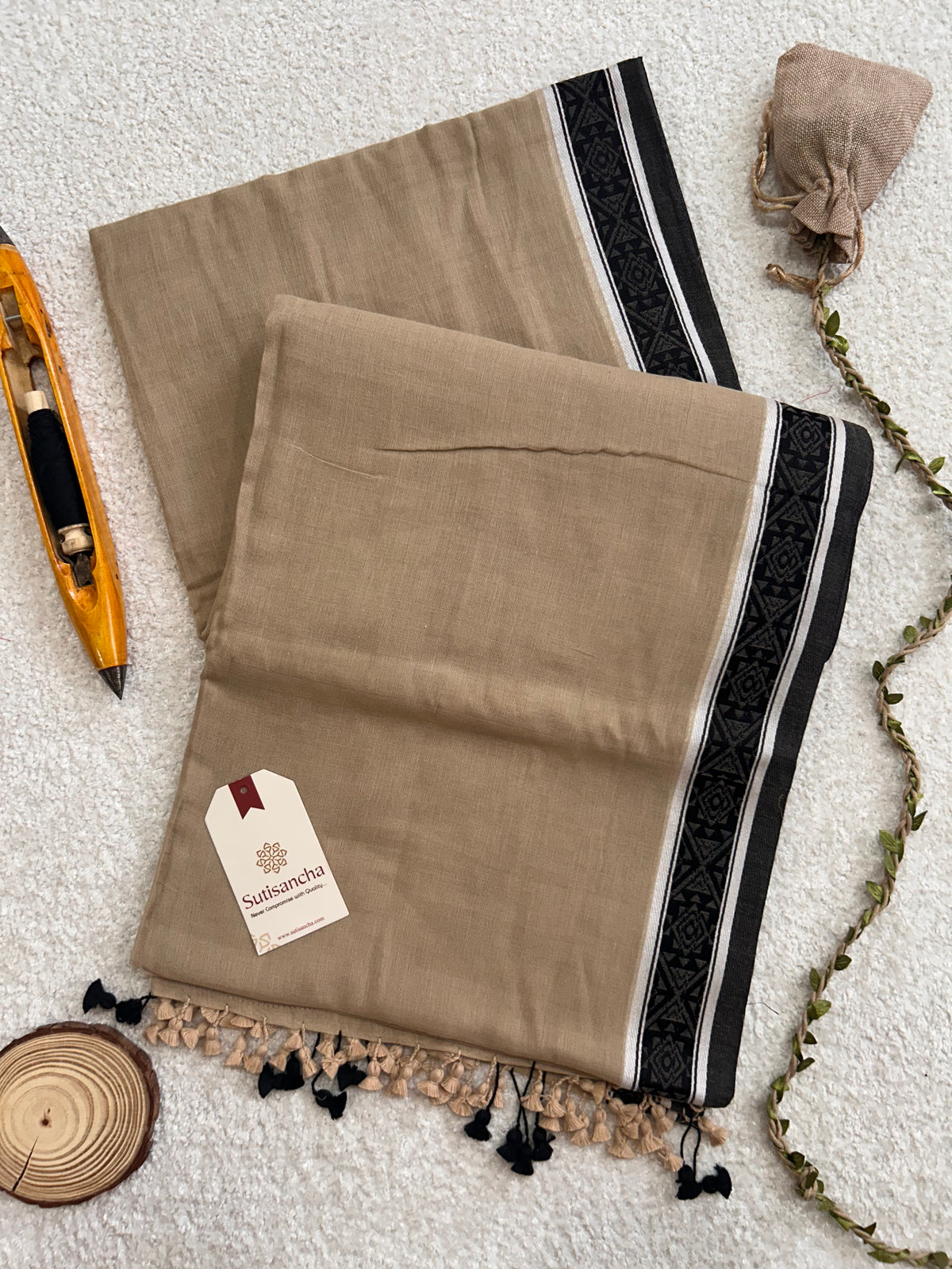 Natural Beige Black Geometric Woven Border Pure Mul Cotton Saree