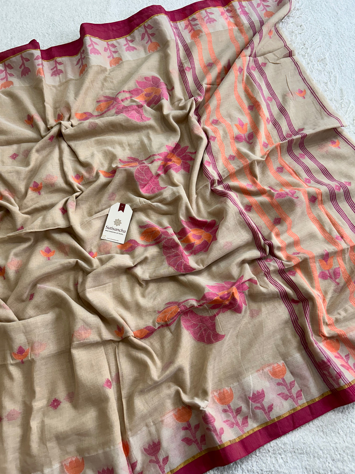 Lotus Linear Stripe Classic Pure Mul Cotton Saree