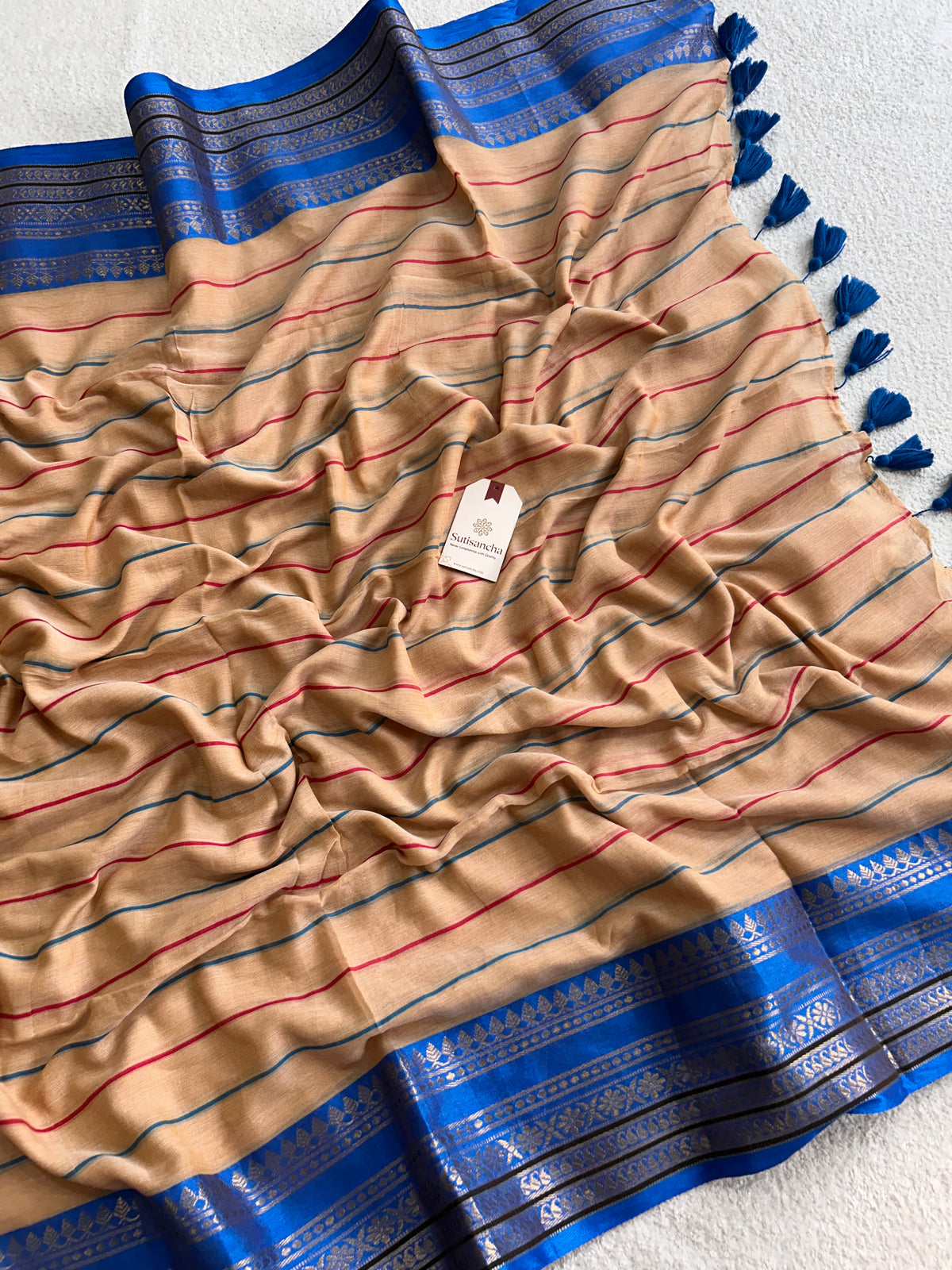 Mulaya Heritage Linear Border Pure Mul Cotton Saree