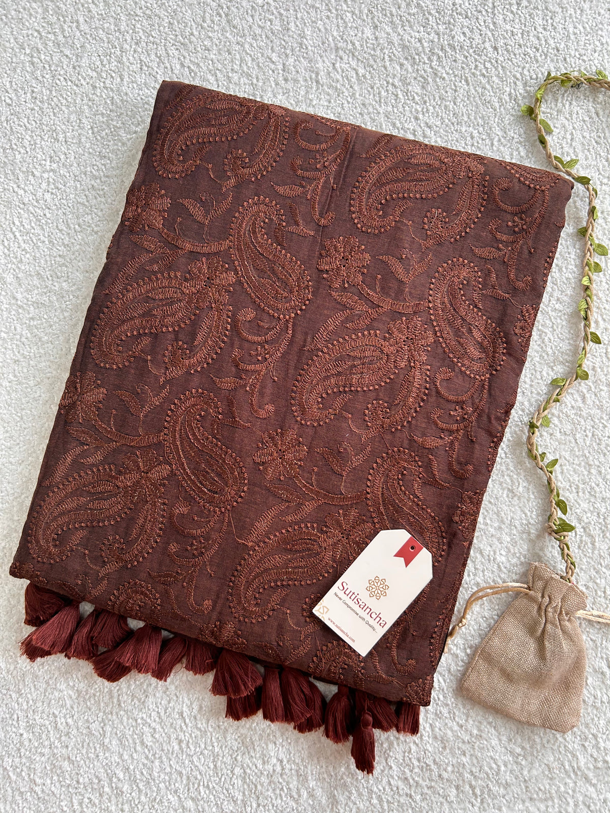 Coffee Brown Floral Paisley Pure Mul Cotton Saree